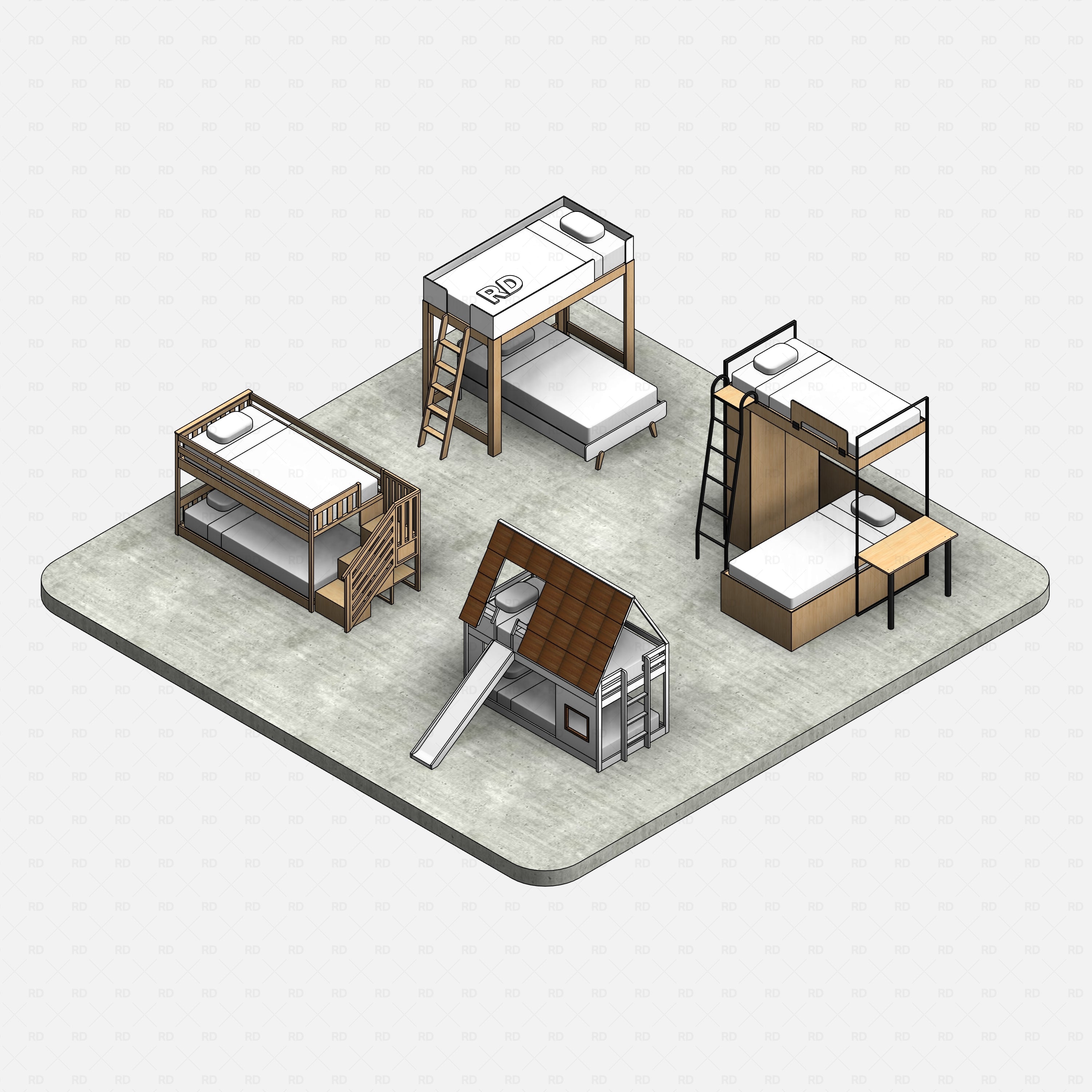 Revit bunk beds 02 pack RD Studio BIM blocks rfa, rendered set on concrete base with edge lines.