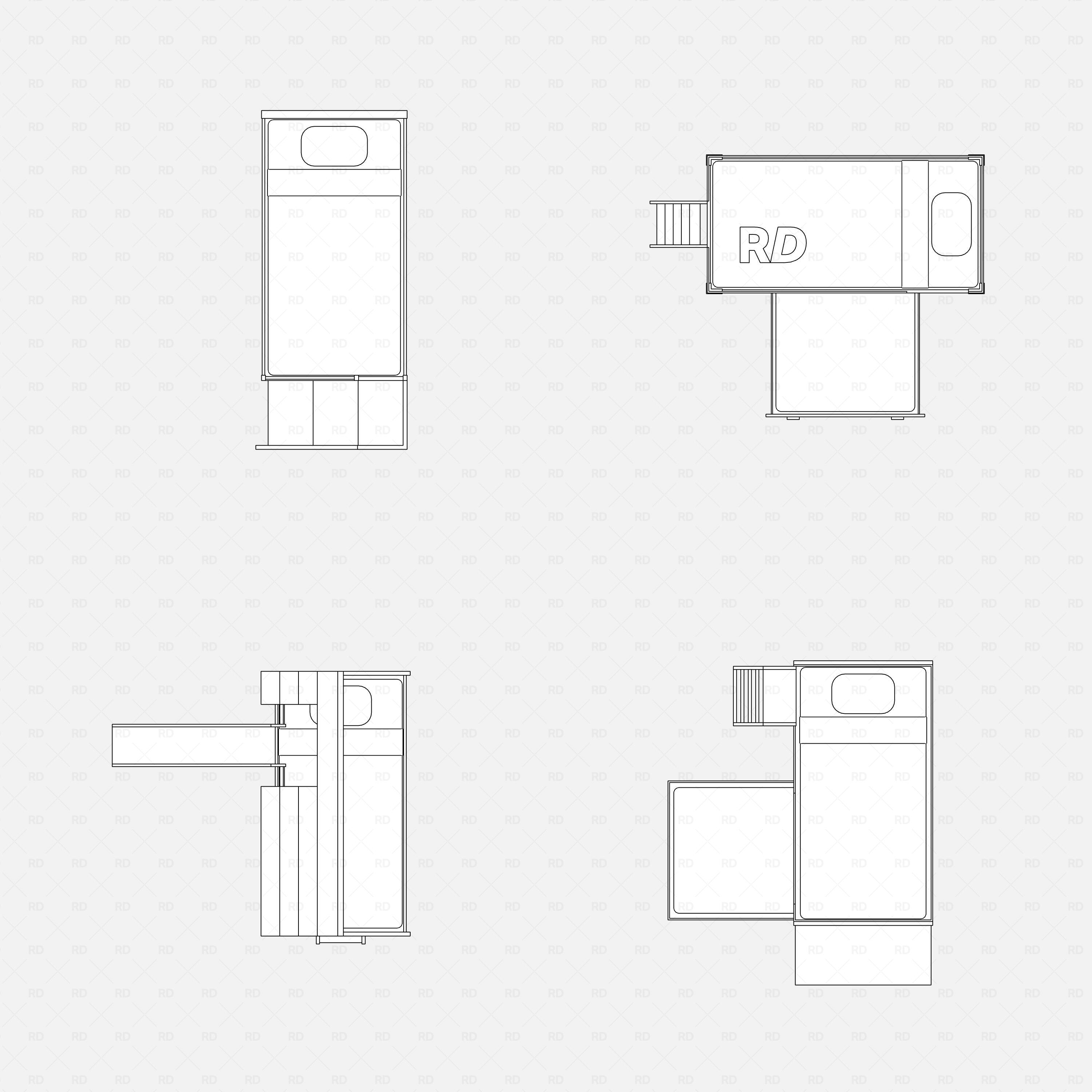 Revit bunk beds 02 pack RD Studio BIM blocks rfa, four floor-plan footprints showing ladders, desks and slide extents.