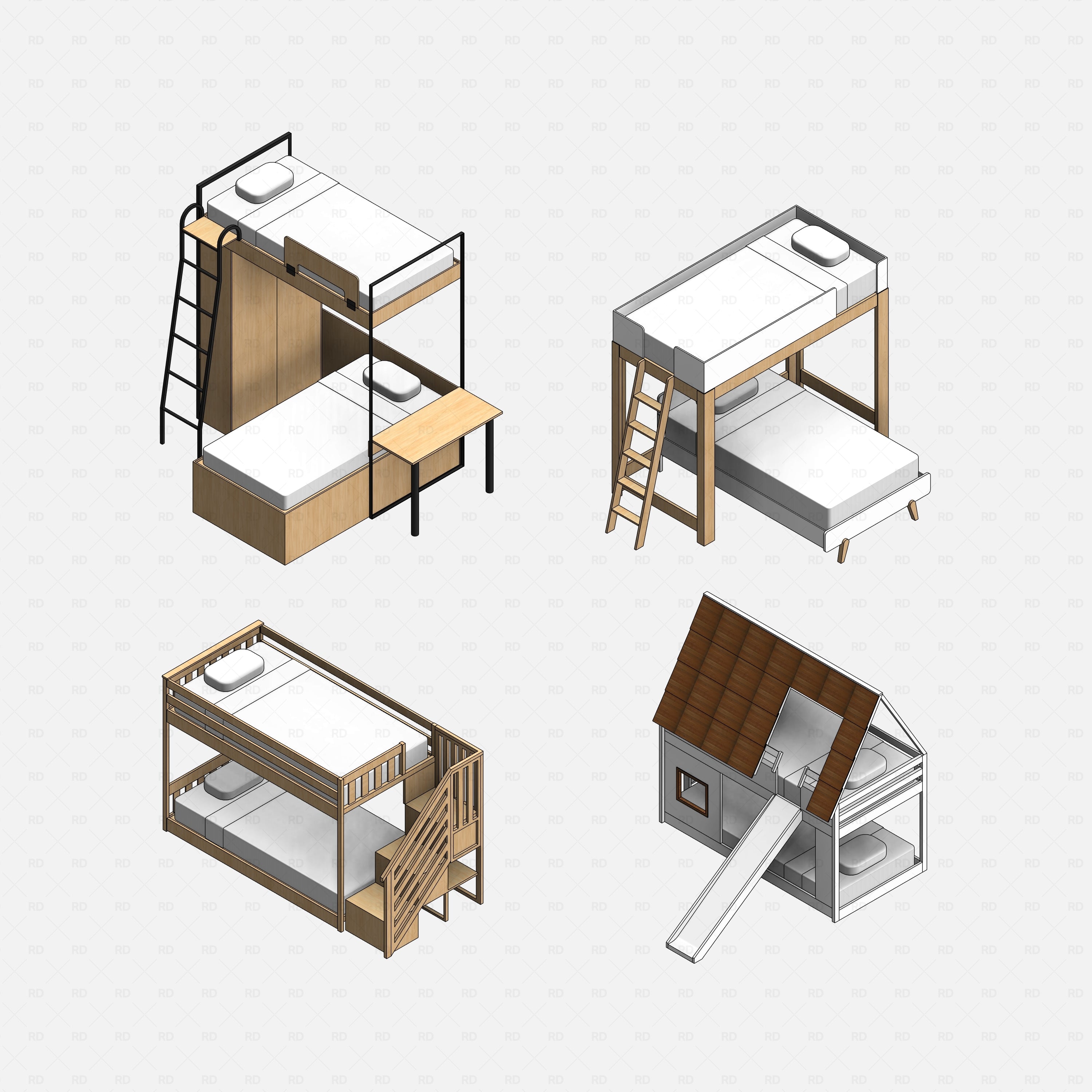Revit bunk beds 02 pack RD Studio BIM blocks rfa, grid of four isolated isometric renders of the bunk bed types.