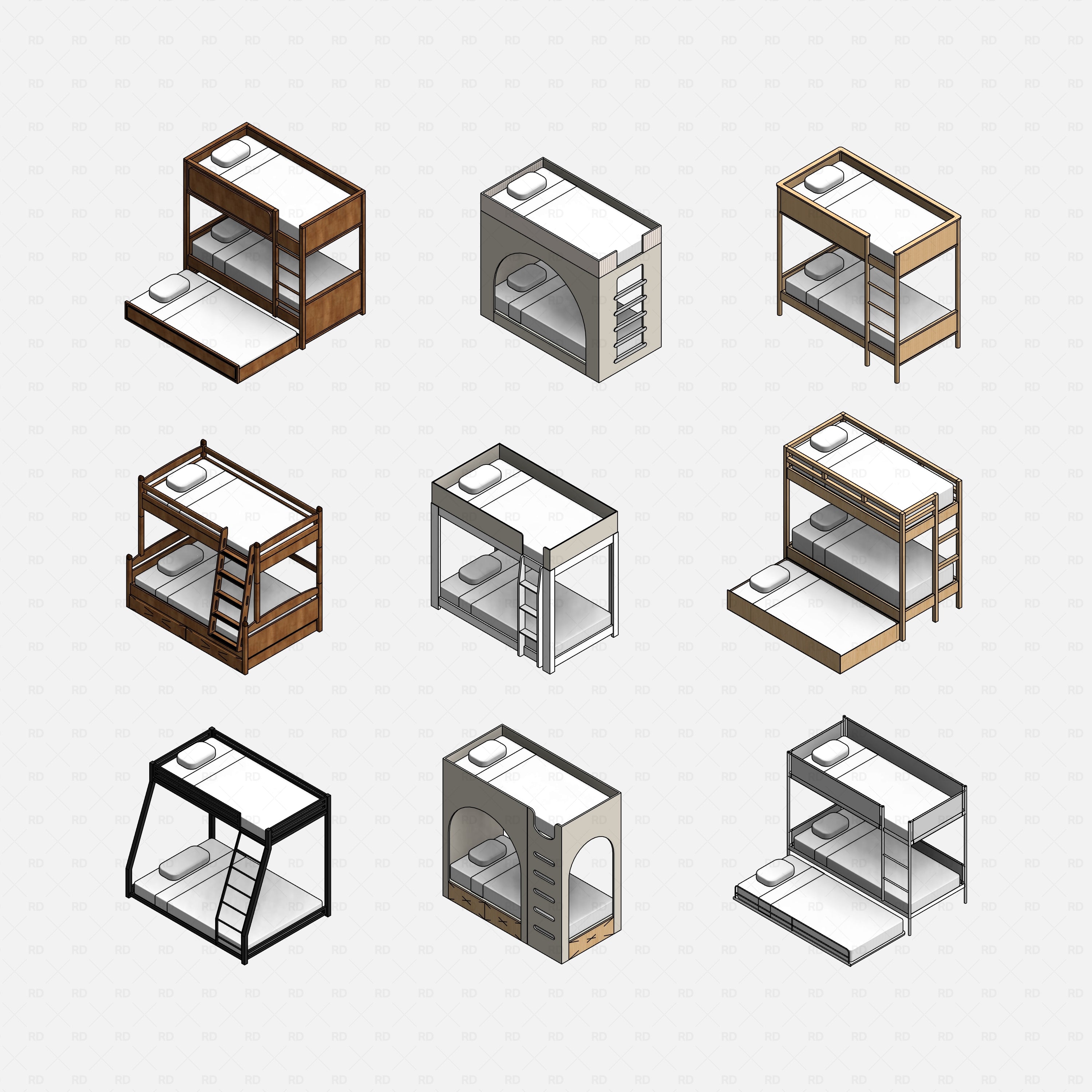 Revit bunk beds 01 pack RD Studio BIM blocks rfa, grid of nine isometric bunk bed types for quick comparison