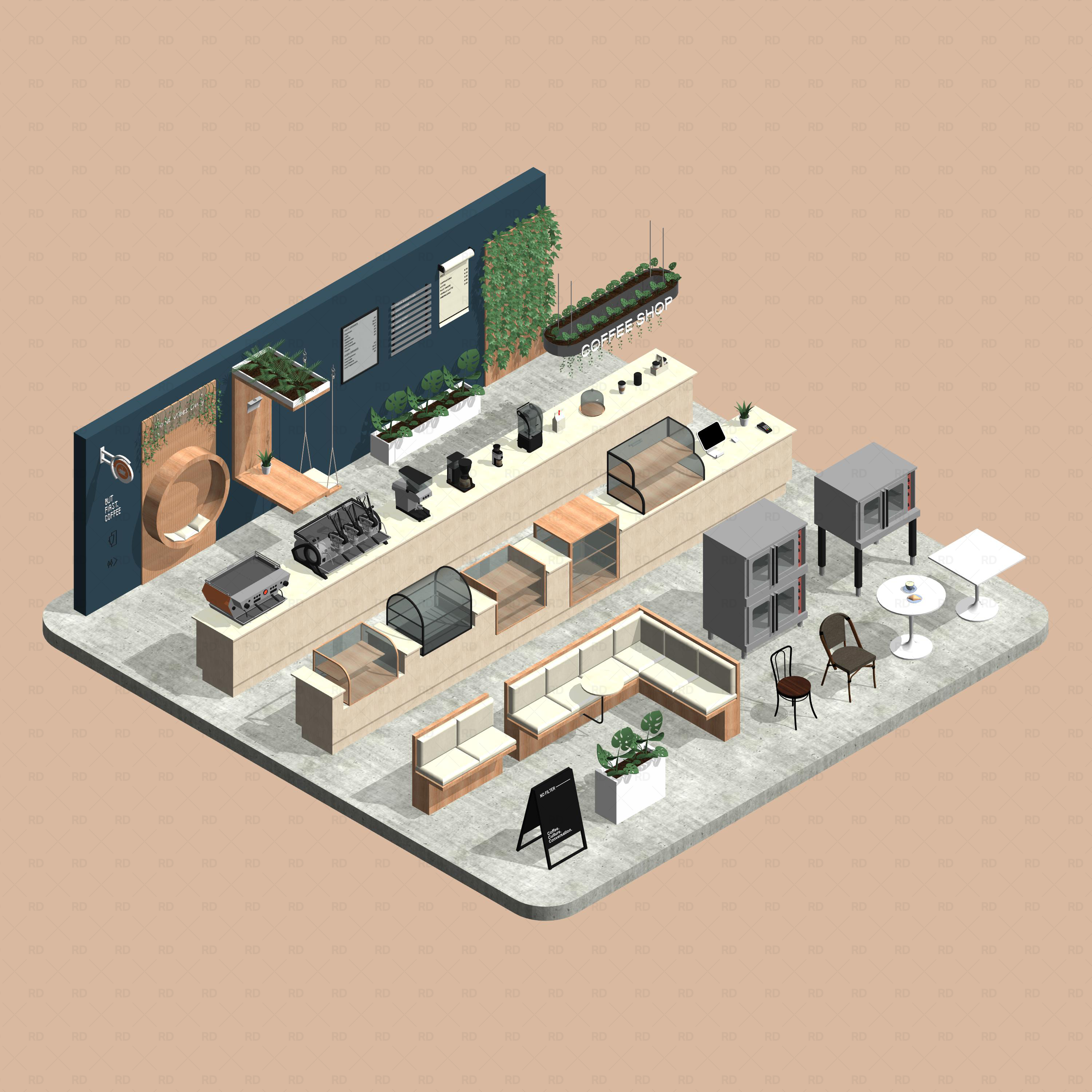 Revit Coffee Shop Furniture and Equipment pack RD Studio BIM blocks rfa full cafe layout with seating, counter and equipment