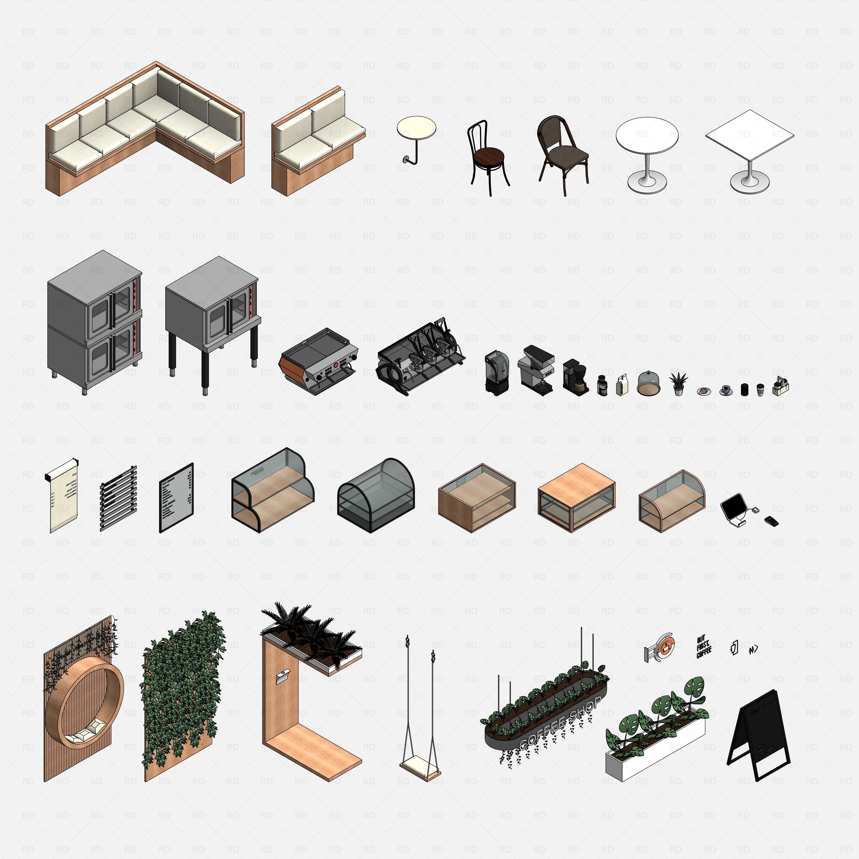 Revit Coffee Shop Furniture and Equipment pack RD Studio BIM blocks rfa grid of all cafe furniture and equipment families