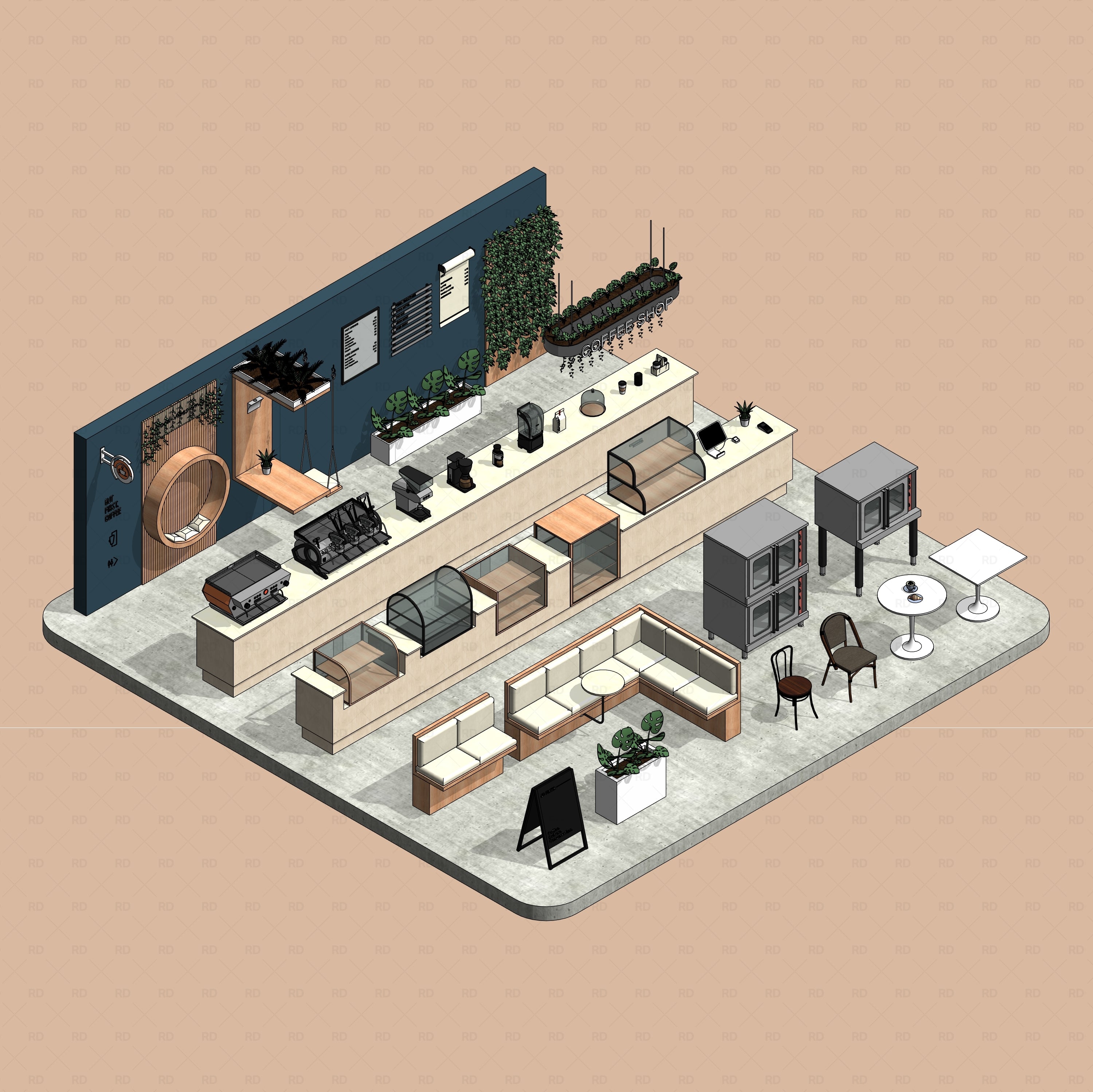 Revit Coffee Shop Furniture and Equipment pack RD Studio BIM blocks rfa full cafe layout with seating, counter and equipment