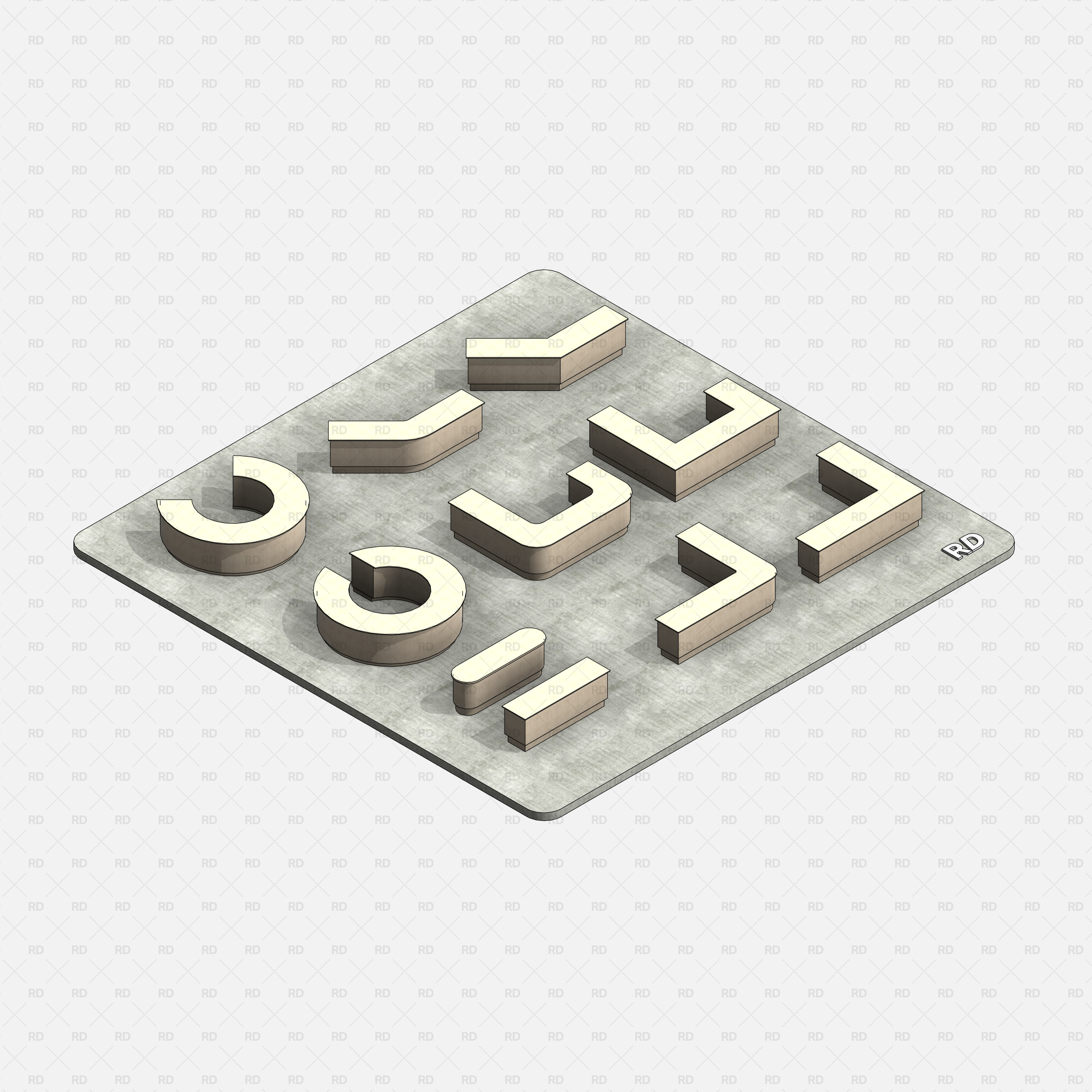 Revit Commercial Countertops RD Studio BIM Blocks RFA — Realistic Isometric Board With Wood Bases And Light Tops