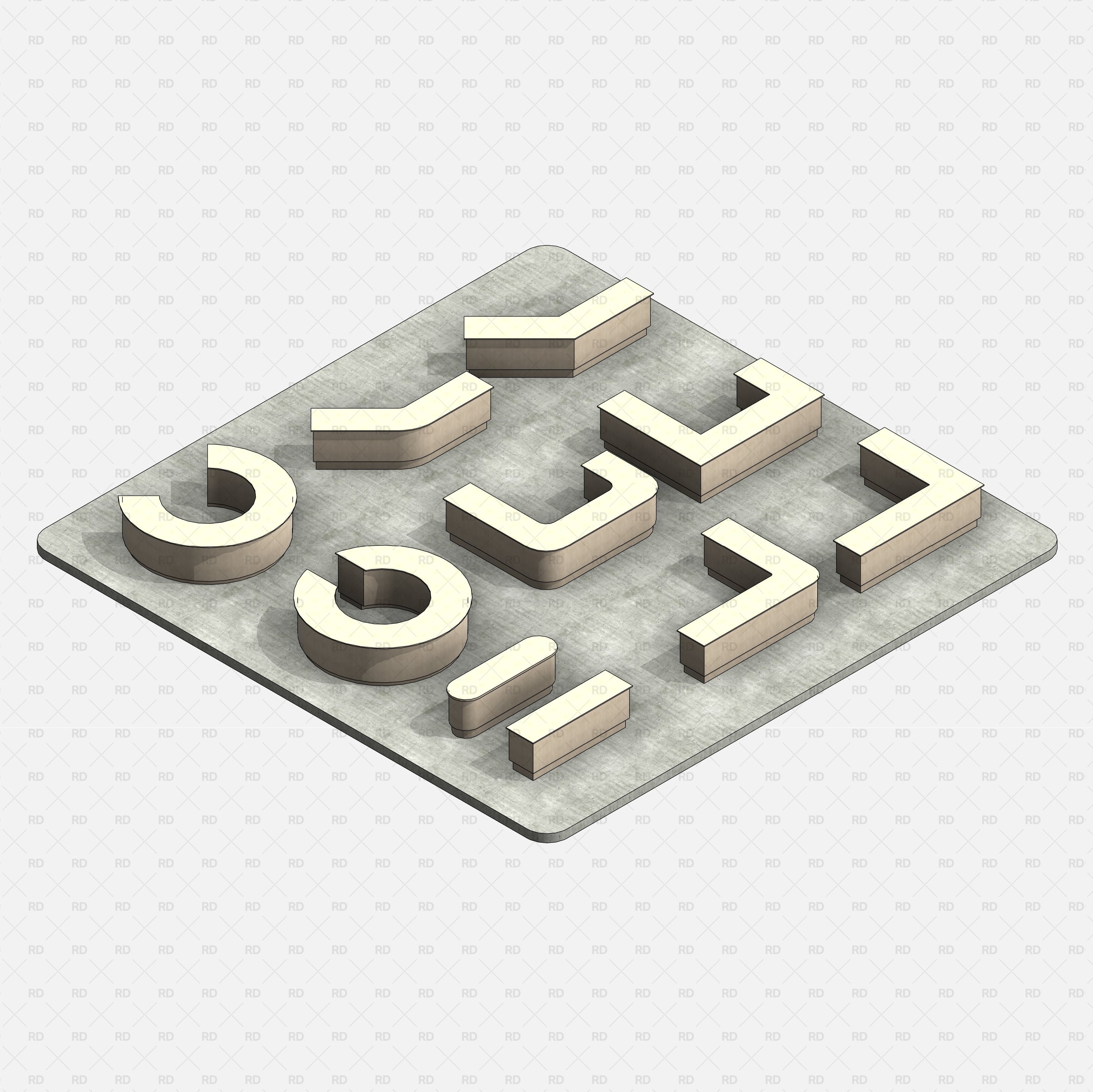 Revit Commercial Countertops RD Studio BIM Blocks RFA — Realistic Isometric Board With Wood Bases And Light Tops