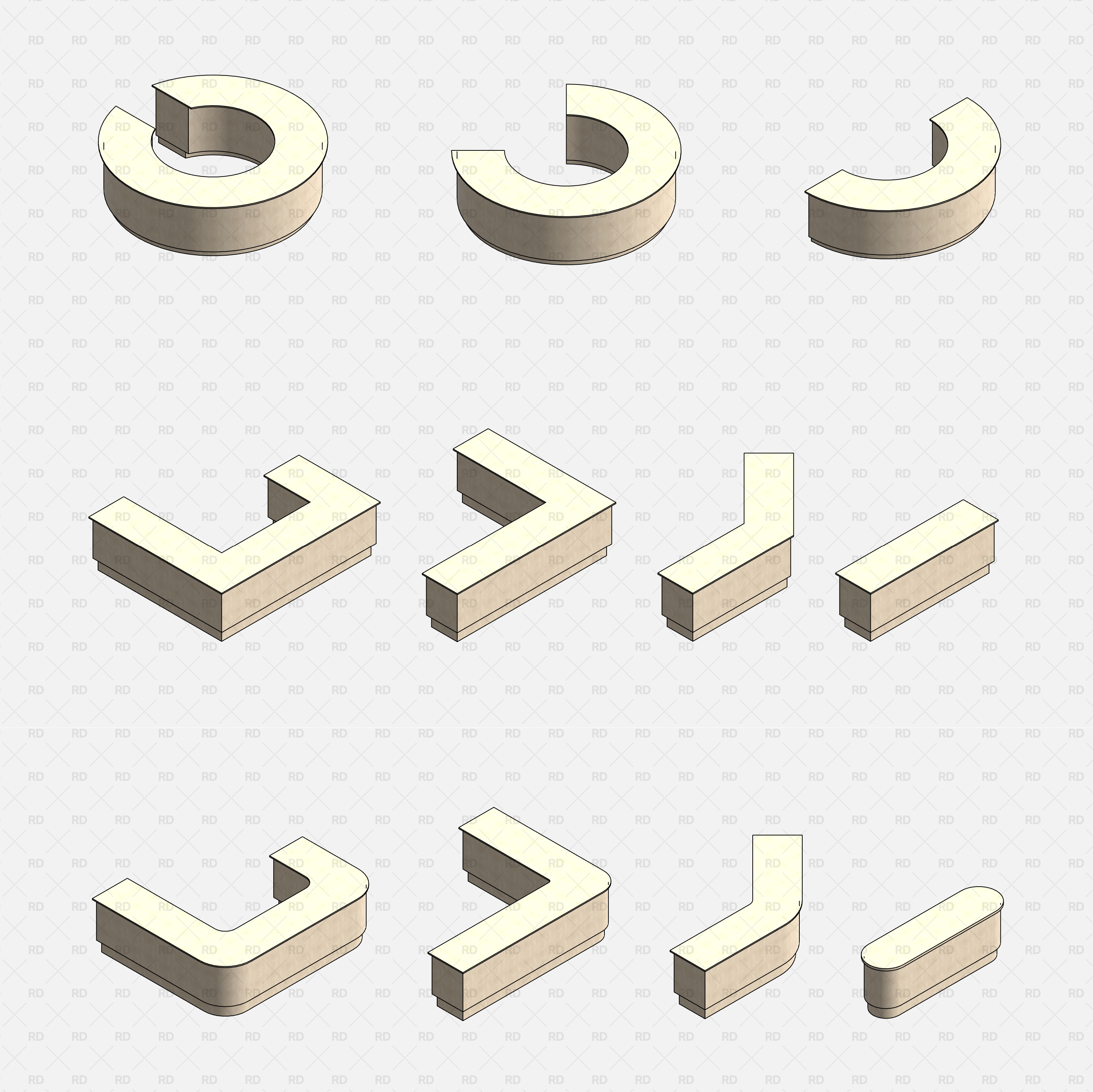 Revit Commercial Countertops RD Studio BIM Blocks RFA — Grid Of Individual L, U, Circular, And Angled Counter Modules
