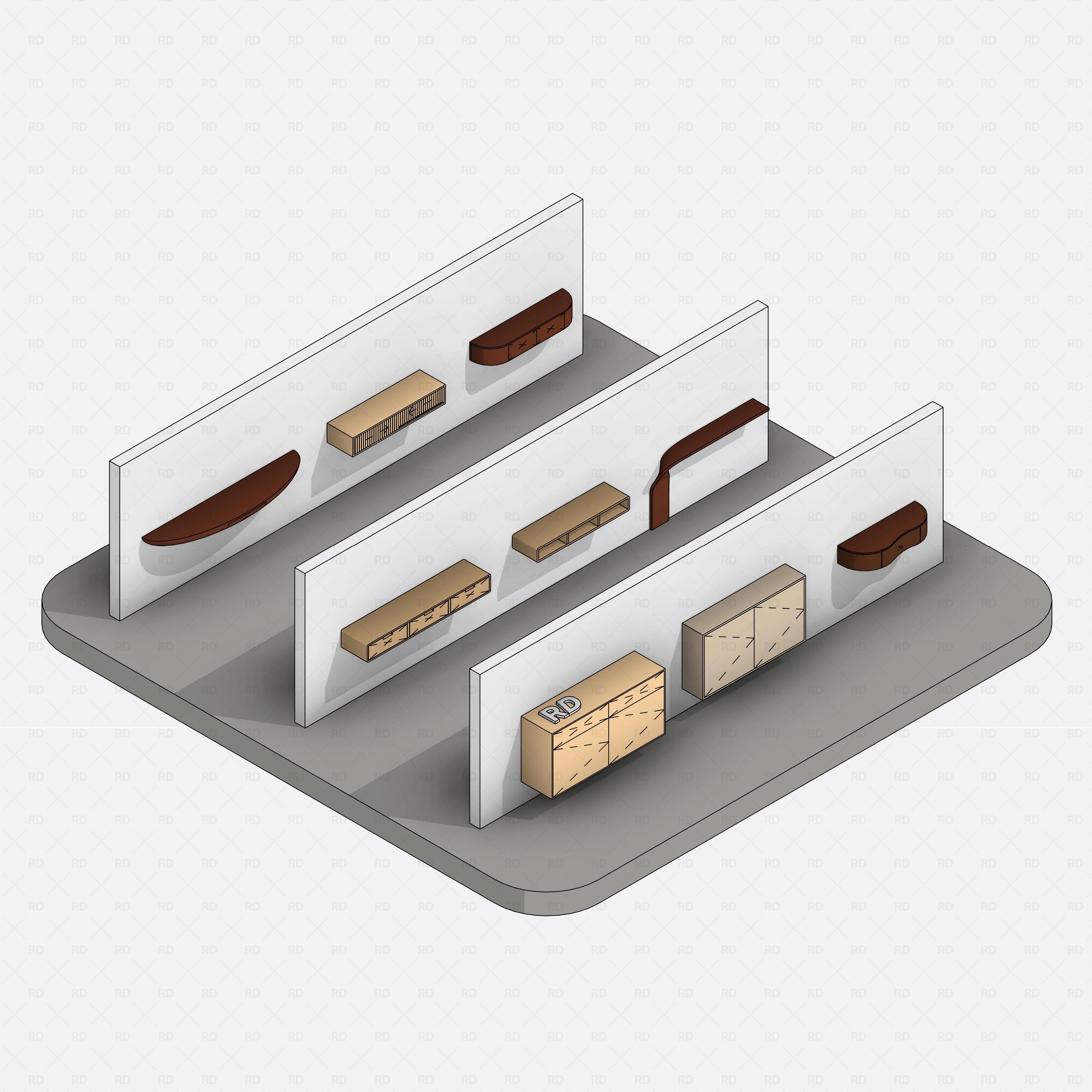 revit wall based console table RD Studio BIM blocks rfa – pack overview, consistent colors on showroom slab