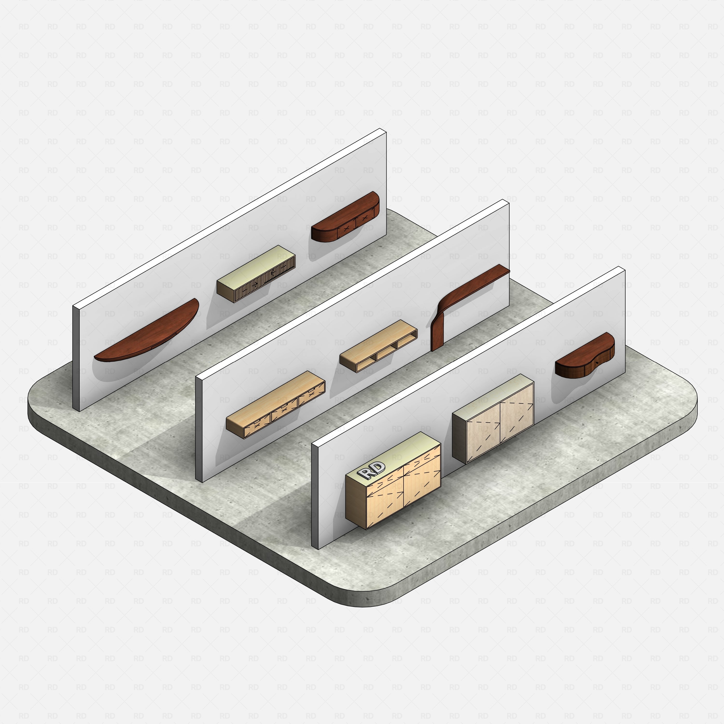 revit wall based console table RD Studio BIM blocks rfa – realistic materials overview of hanging consoles