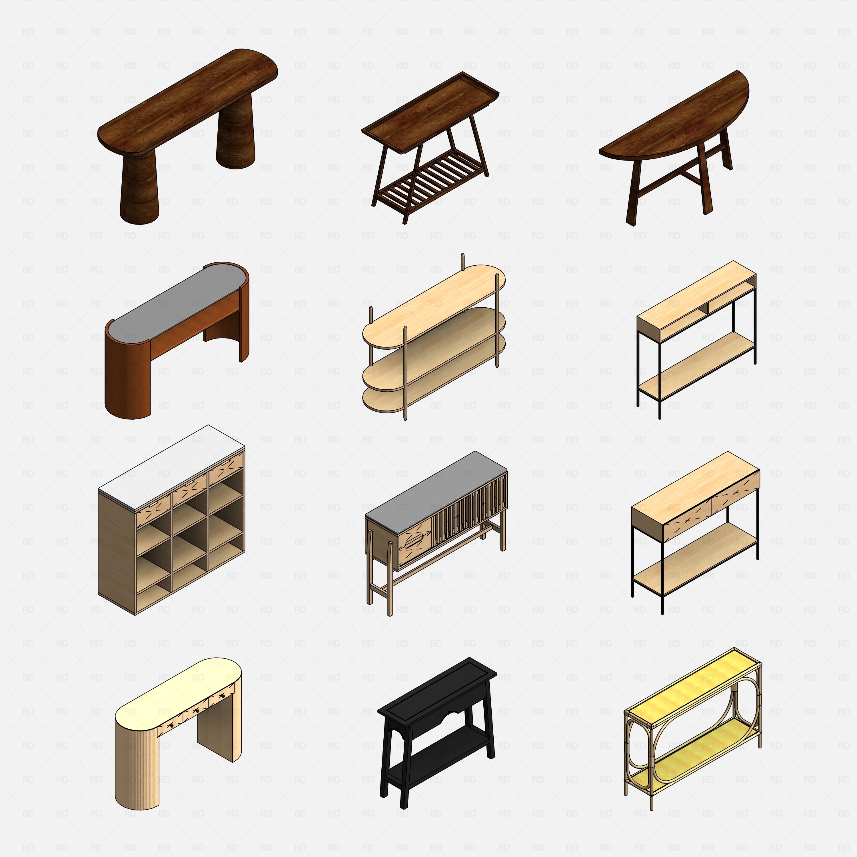 revit wood console table RD Studio BIM blocks rfa — Grid Of Individual Wood Console Table Models