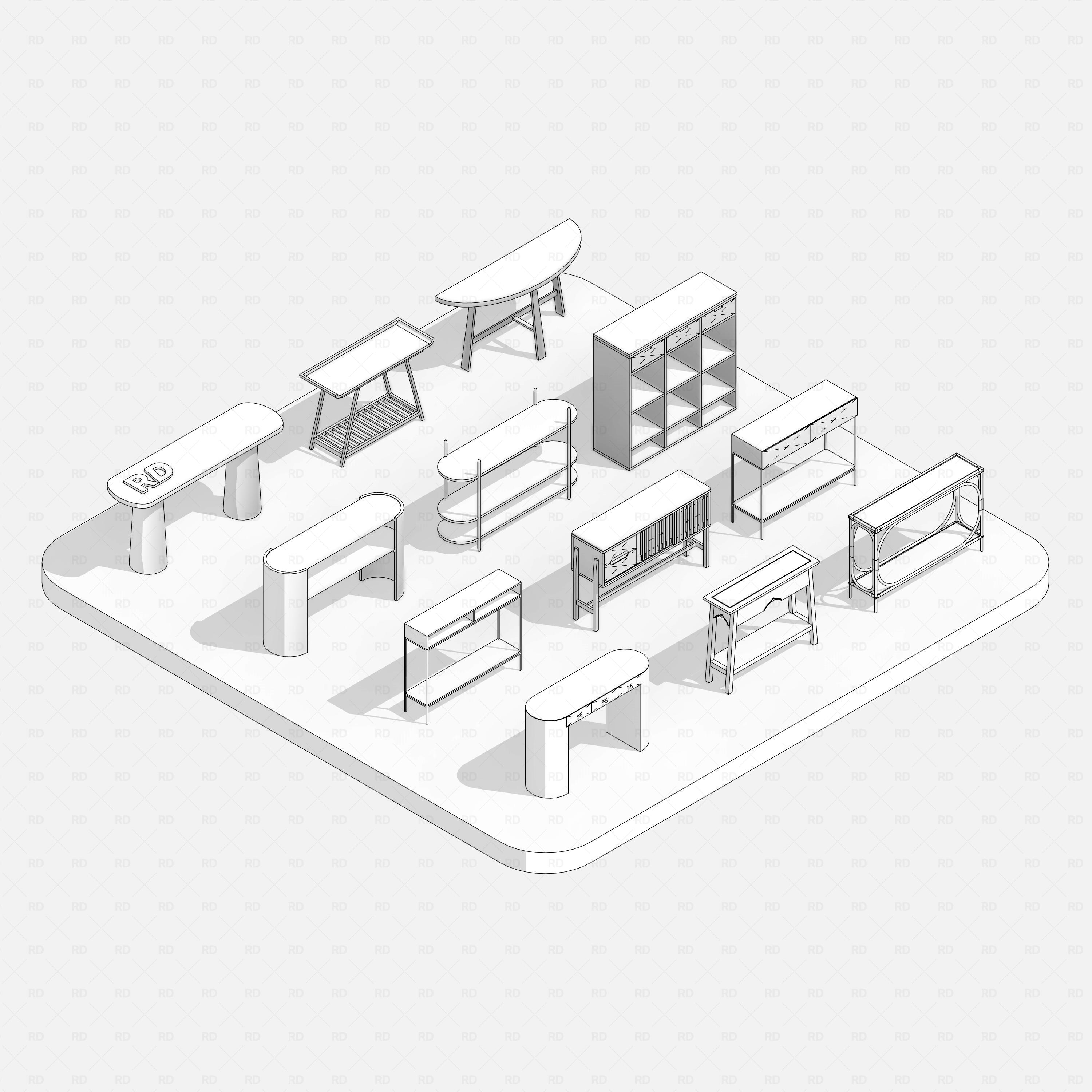revit wood console table RD Studio BIM blocks rfa linework preview of the full set, technical highlight