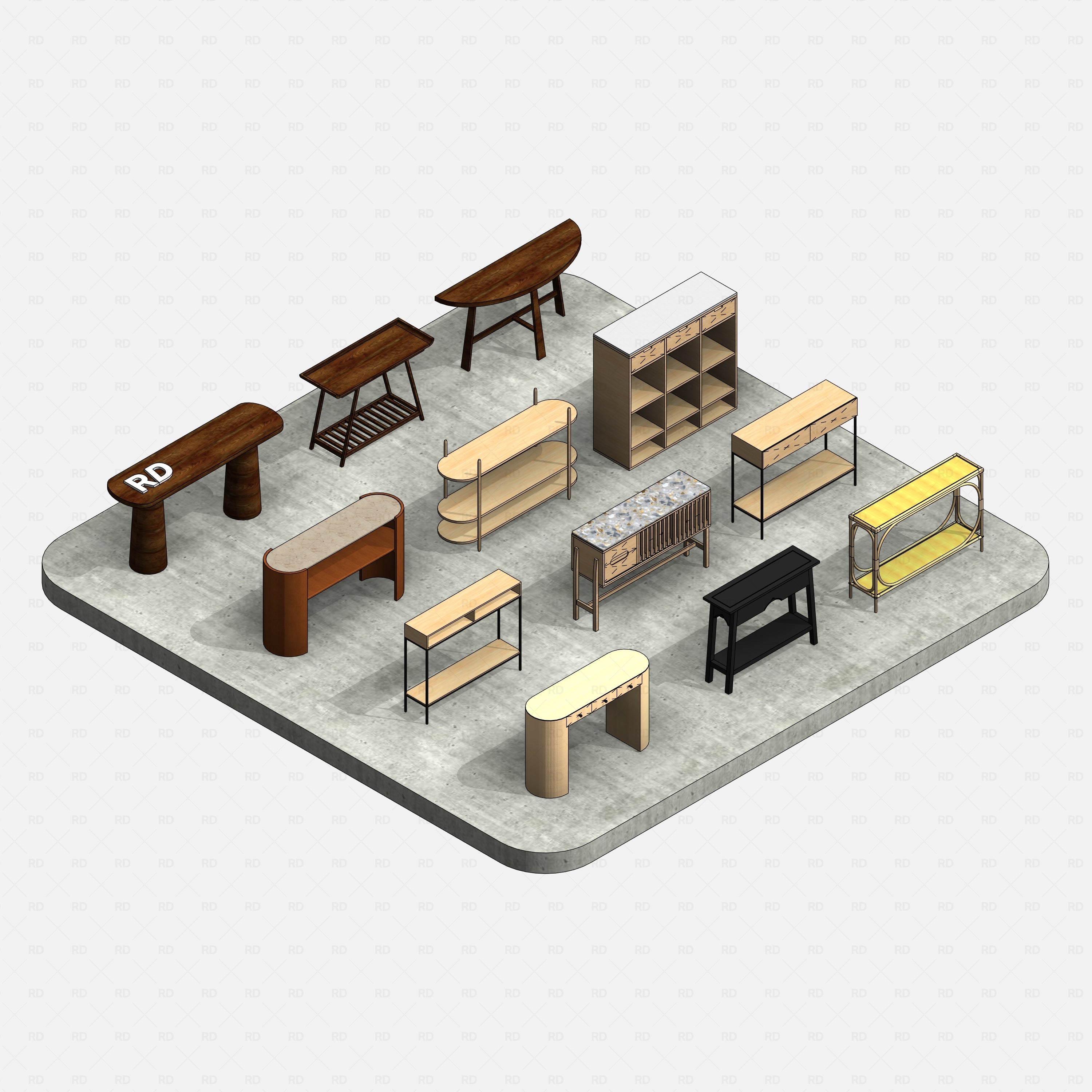 revit wood console table RD Studio BIM blocks rfa — Collection Of Wood Console Tables, Consistent Colors Render