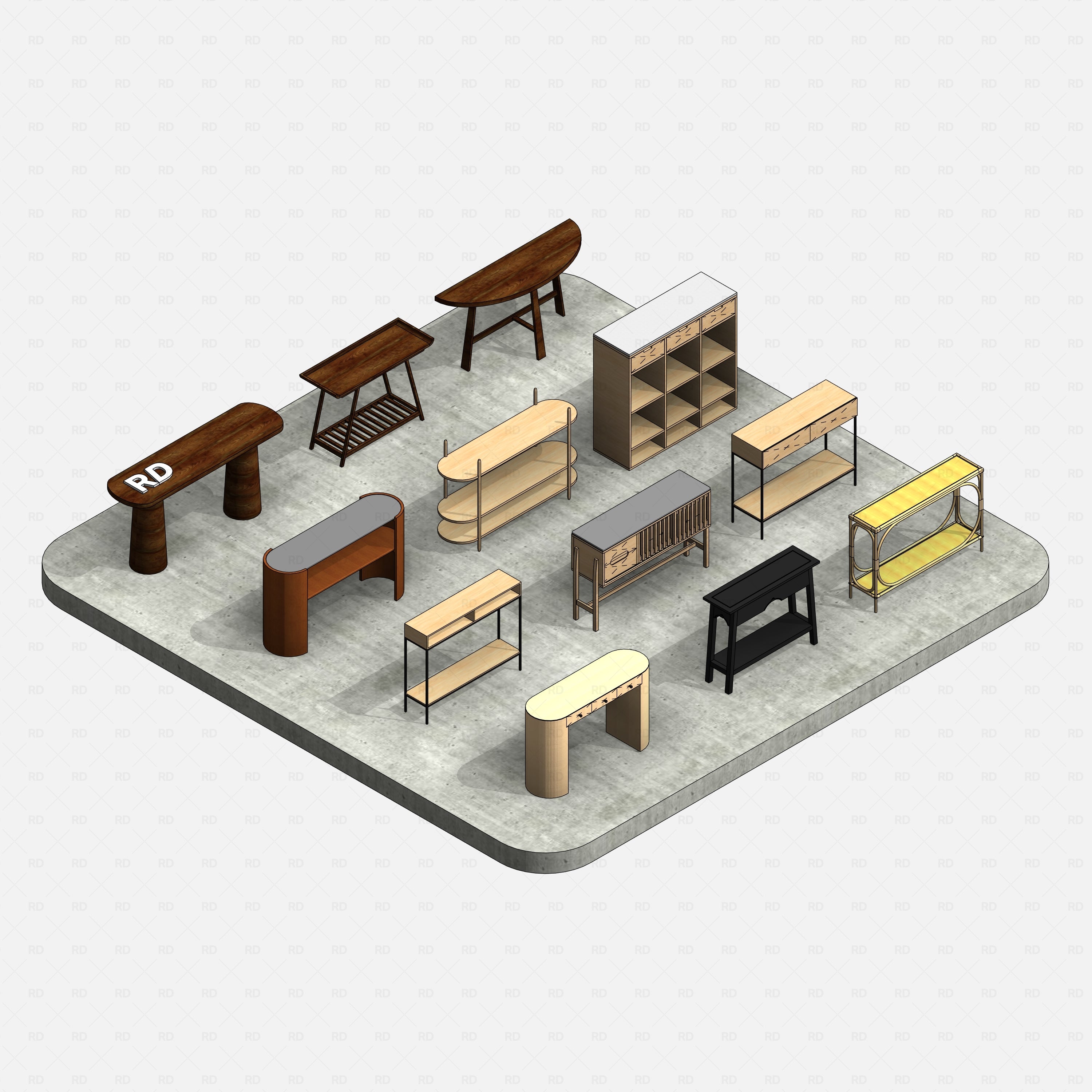 revit wood console table RD Studio BIM blocks rfa — Realistic Render Of Mixed Wood Console Designs On Plinth