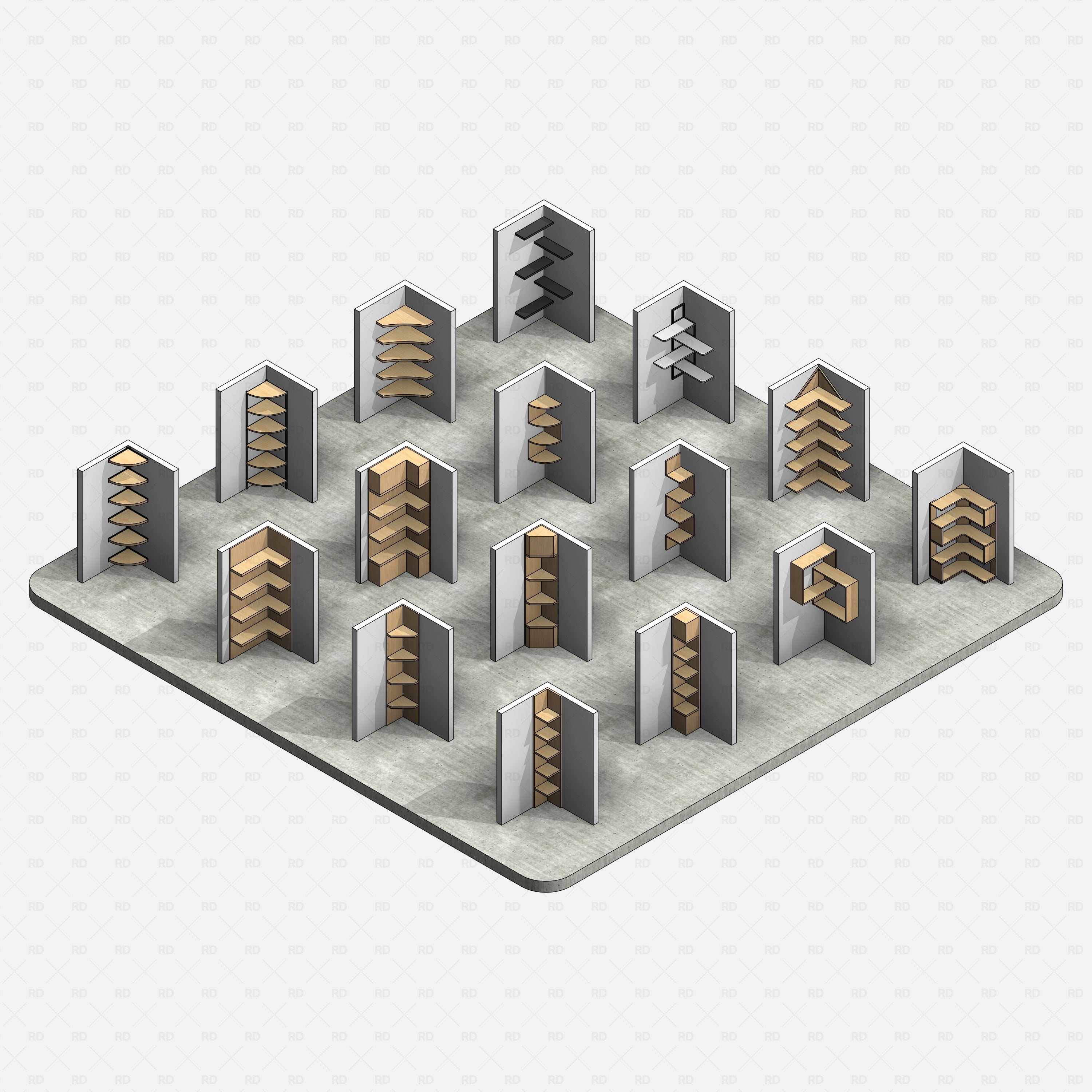 Revit Corner Shelving Pack RD Studio BIM blocks rfa realistic overview of all corner shelving on concrete platform