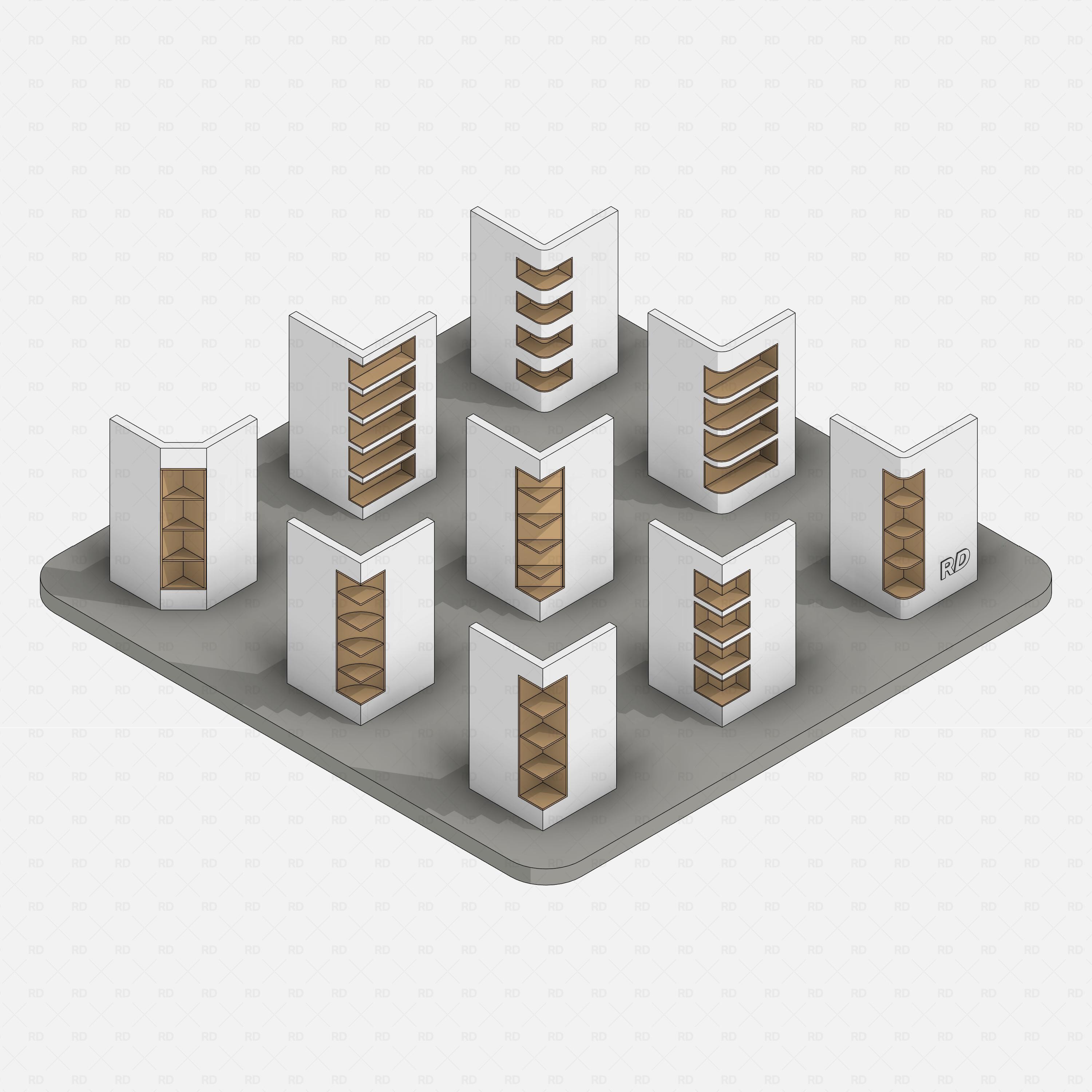 Revit Corner Wall Niches Pack RD Studio BIM blocks rfa overview of nine wood corner wall niches on grey platform