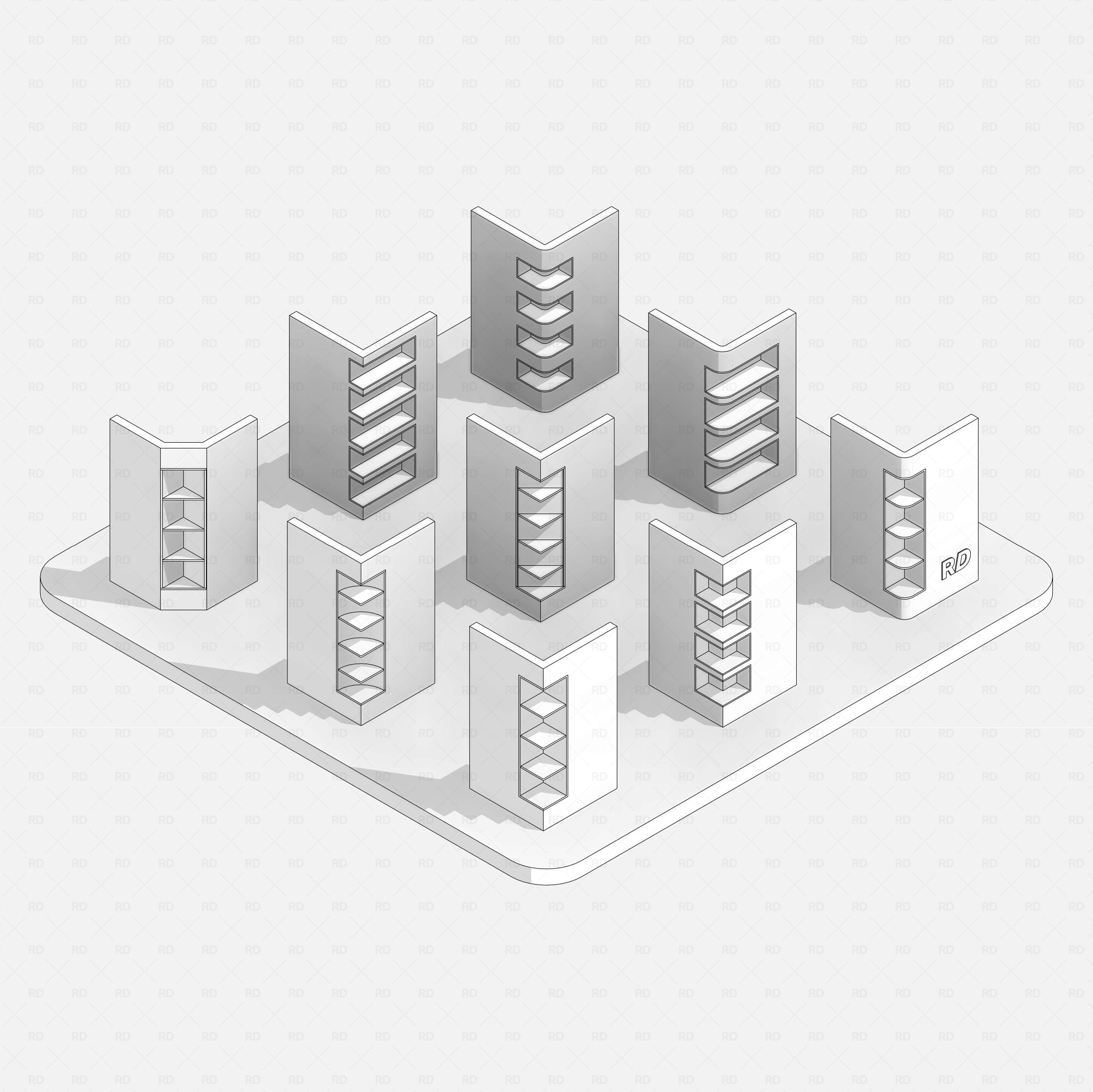 Revit Corner Wall Niches Pack RD Studio BIM blocks rfa hidden line view of nine parametric corner wall niches