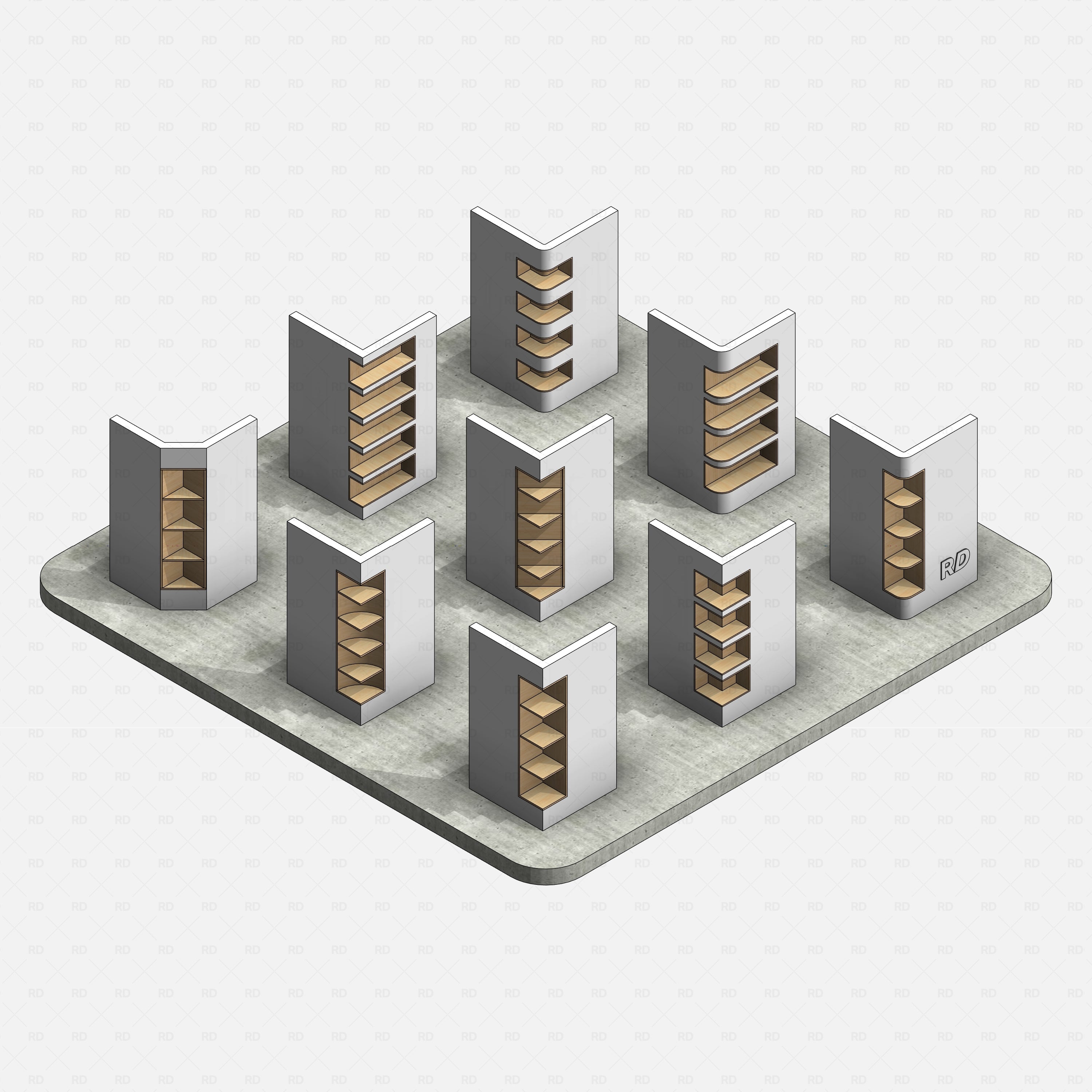 Revit Corner Wall Niches Pack RD Studio BIM blocks rfa realistic view of nine corner niches on concrete floor