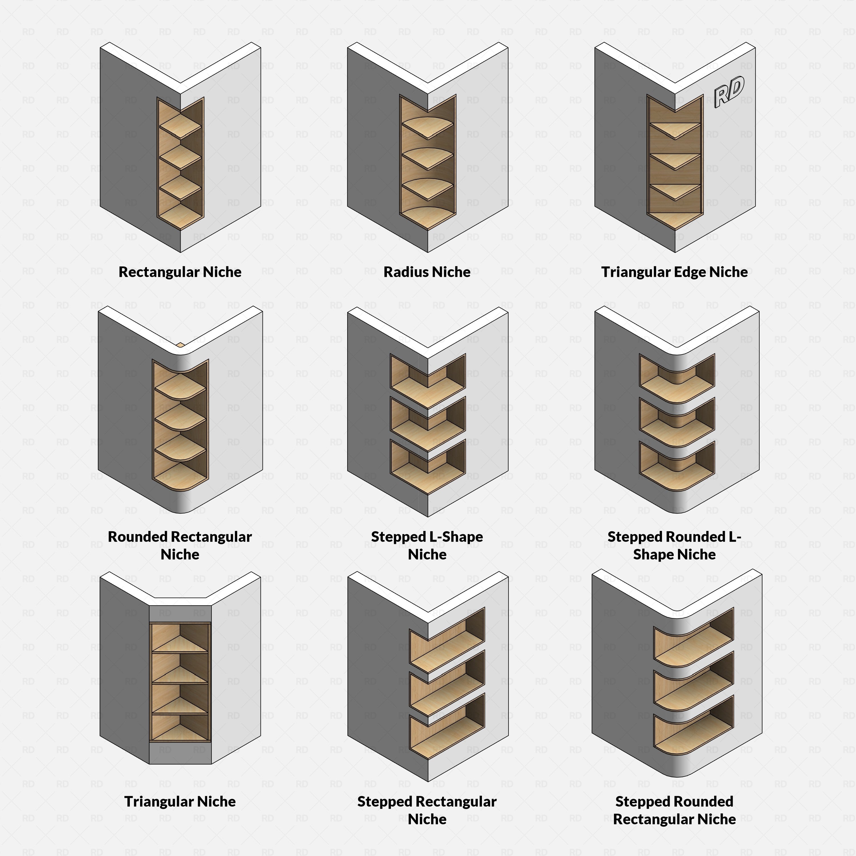Revit Corner Wall Niches Pack RD Studio BIM blocks rfa grid of nine niche types from rectangular to stepped rounded