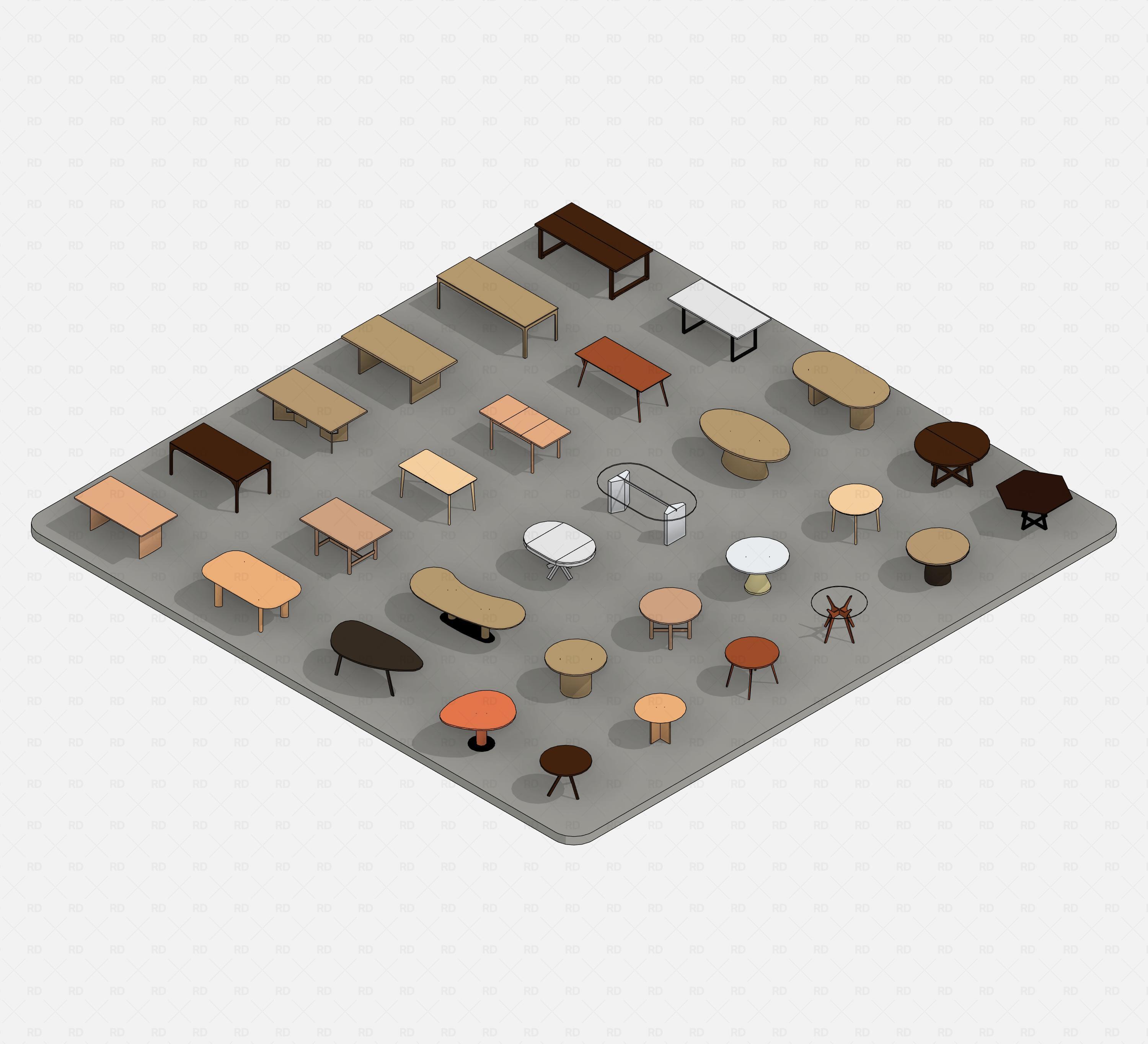 Revit dining tables pack RD Studio BIM blocks rfa, isometric set of 30 dining tables mixed shapes and styles, color render