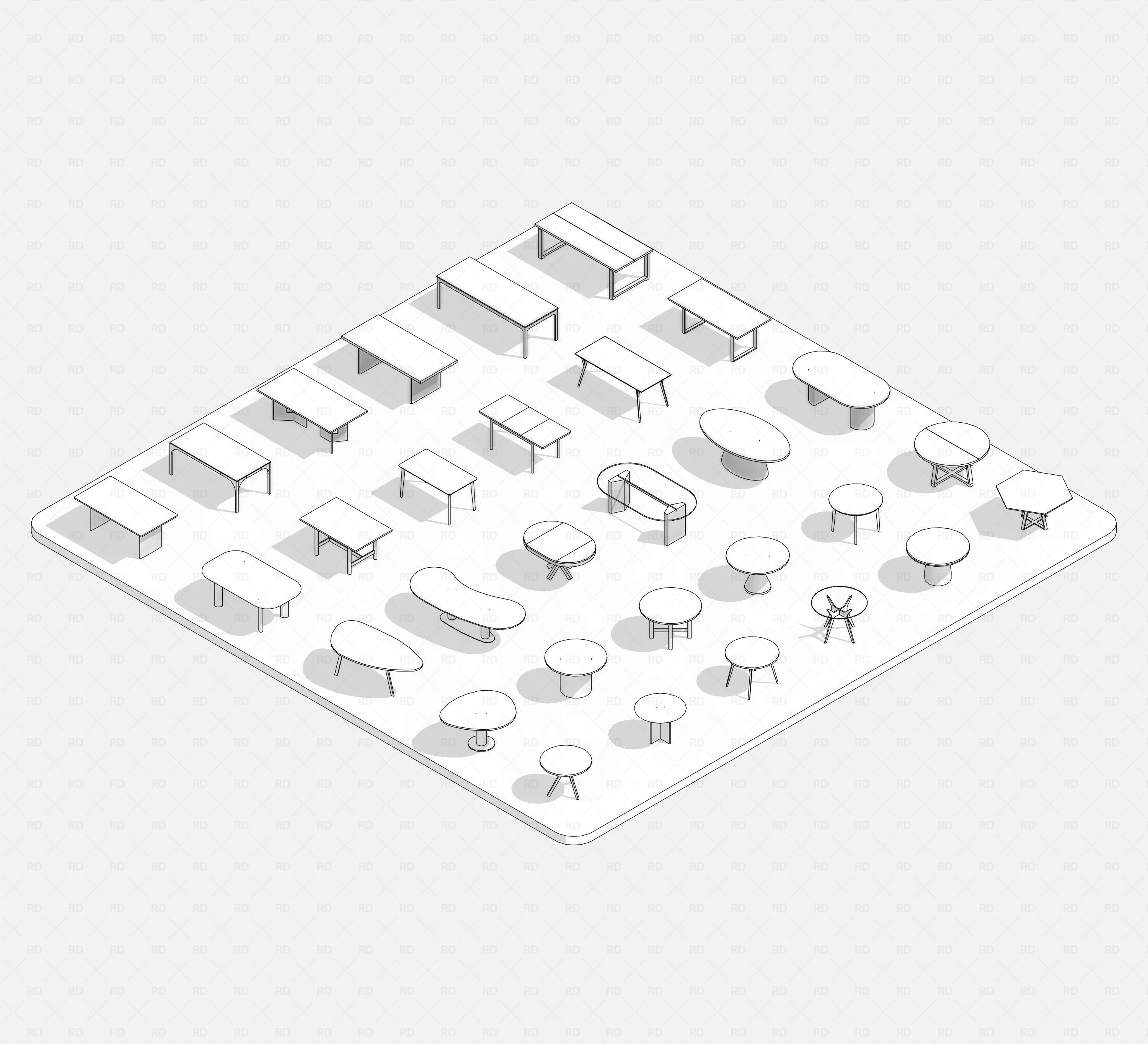 Revit dining tables pack RD Studio BIM blocks rfa, isometric set, hidden-line view of assorted dining tables