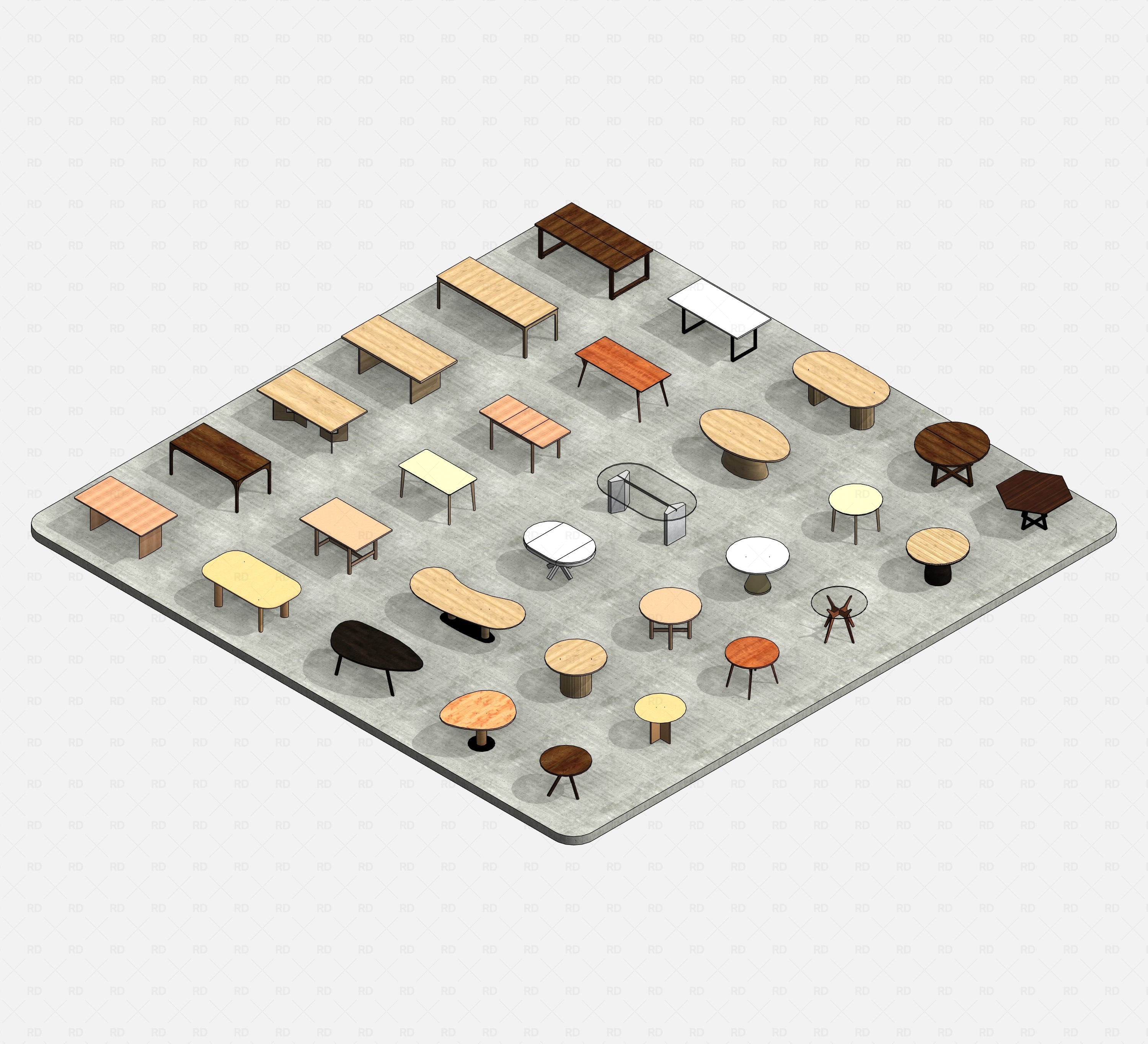 Revit dining tables pack RD Studio BIM blocks rfa - realistic set on concrete floor, wood, metal, glass variations