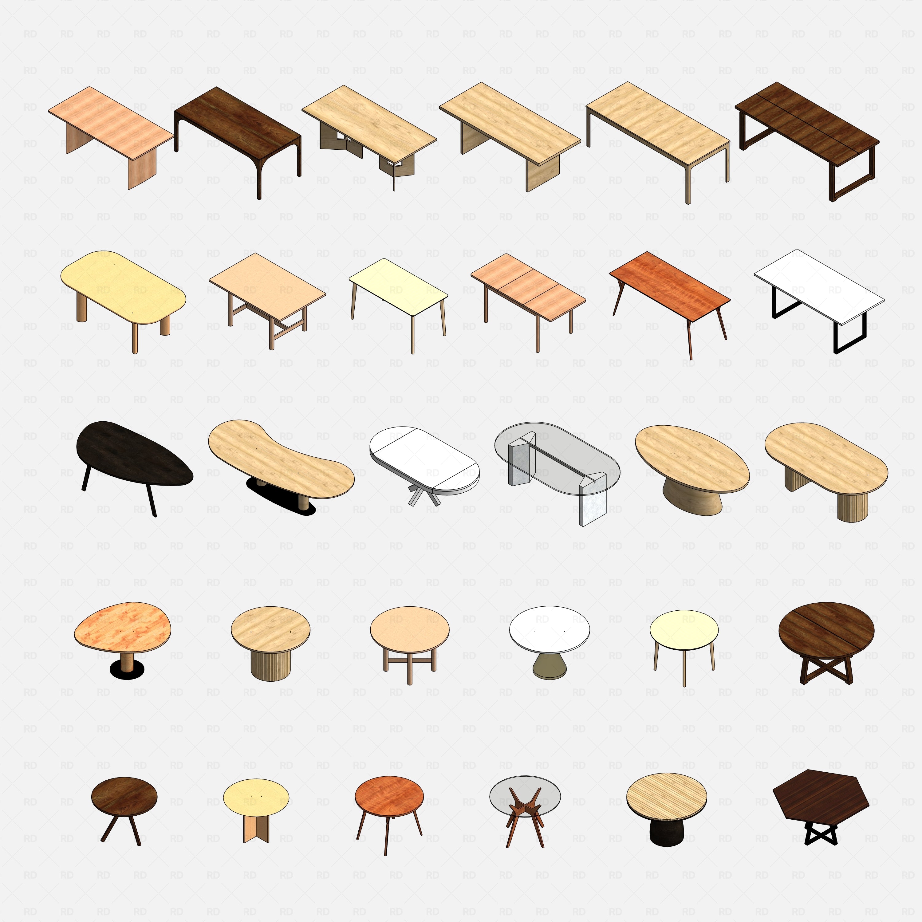Revit dining tables pack RD Studio BIM blocks rfa - grid of individual table models, round, oval, organic and rectangular