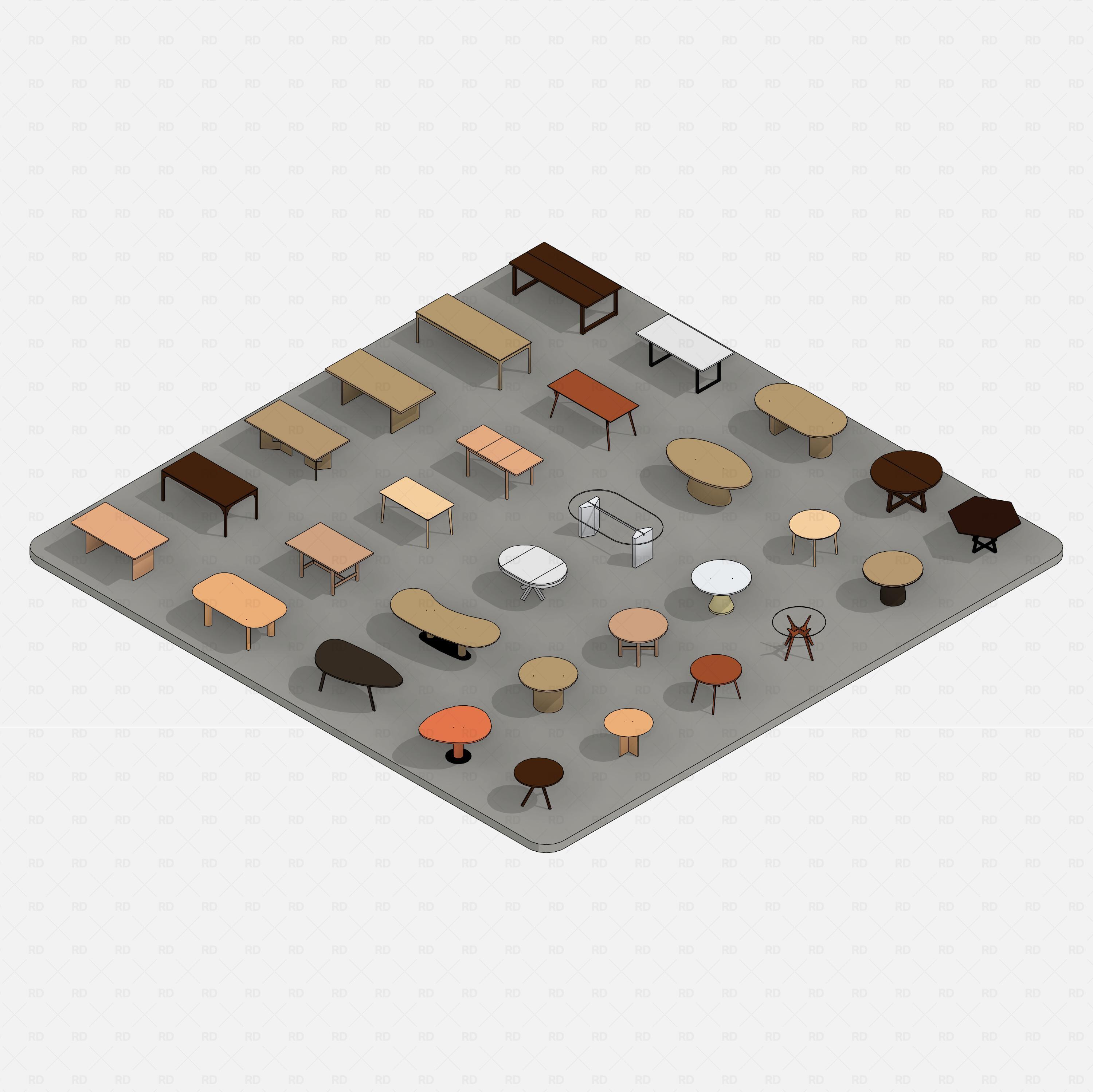 Revit dining tables pack RD Studio BIM blocks rfa, isometric set of 30 dining tables mixed shapes and styles, color render