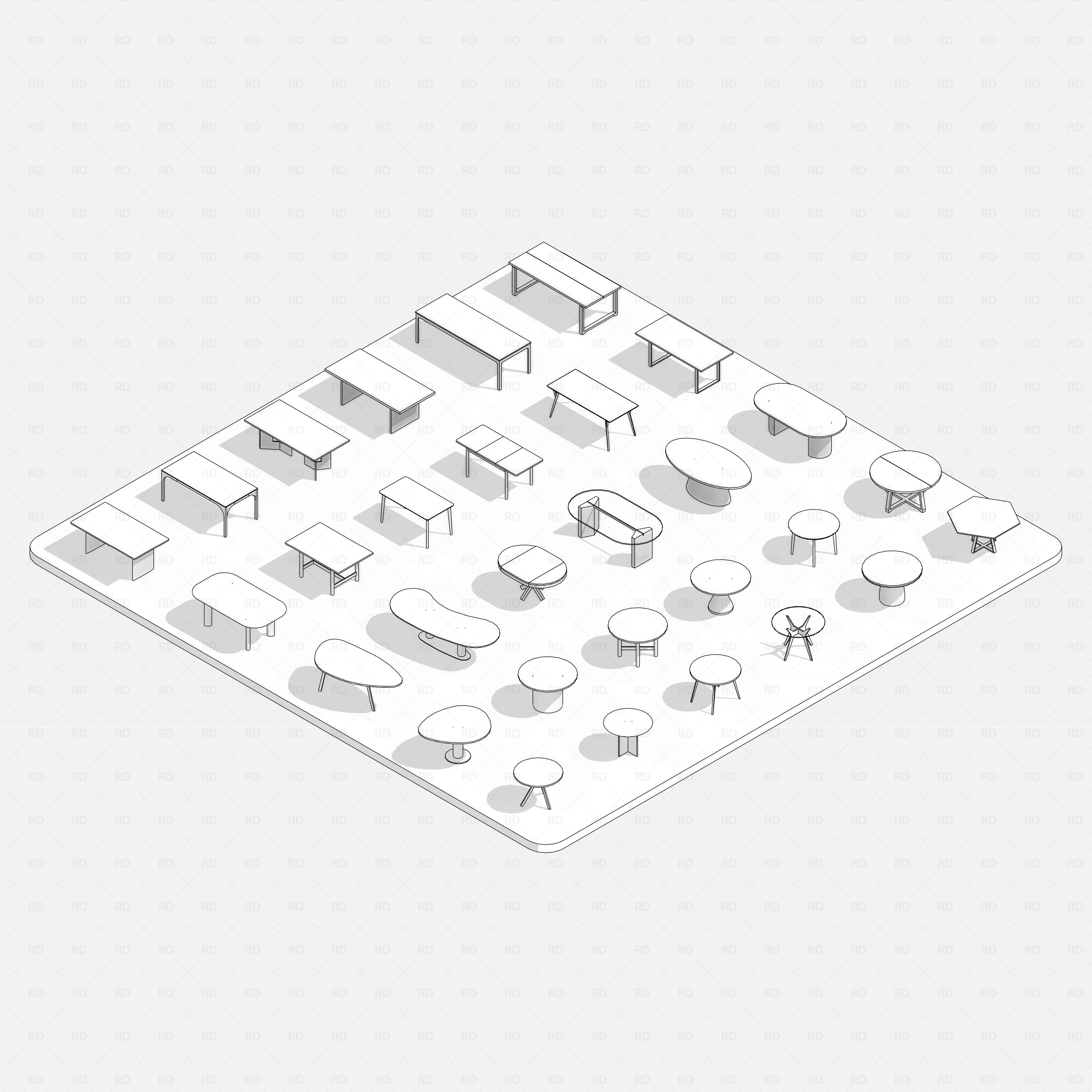 Revit dining tables pack RD Studio BIM blocks rfa, isometric set of 30 dining tables mixed shapes and styles, hidden line