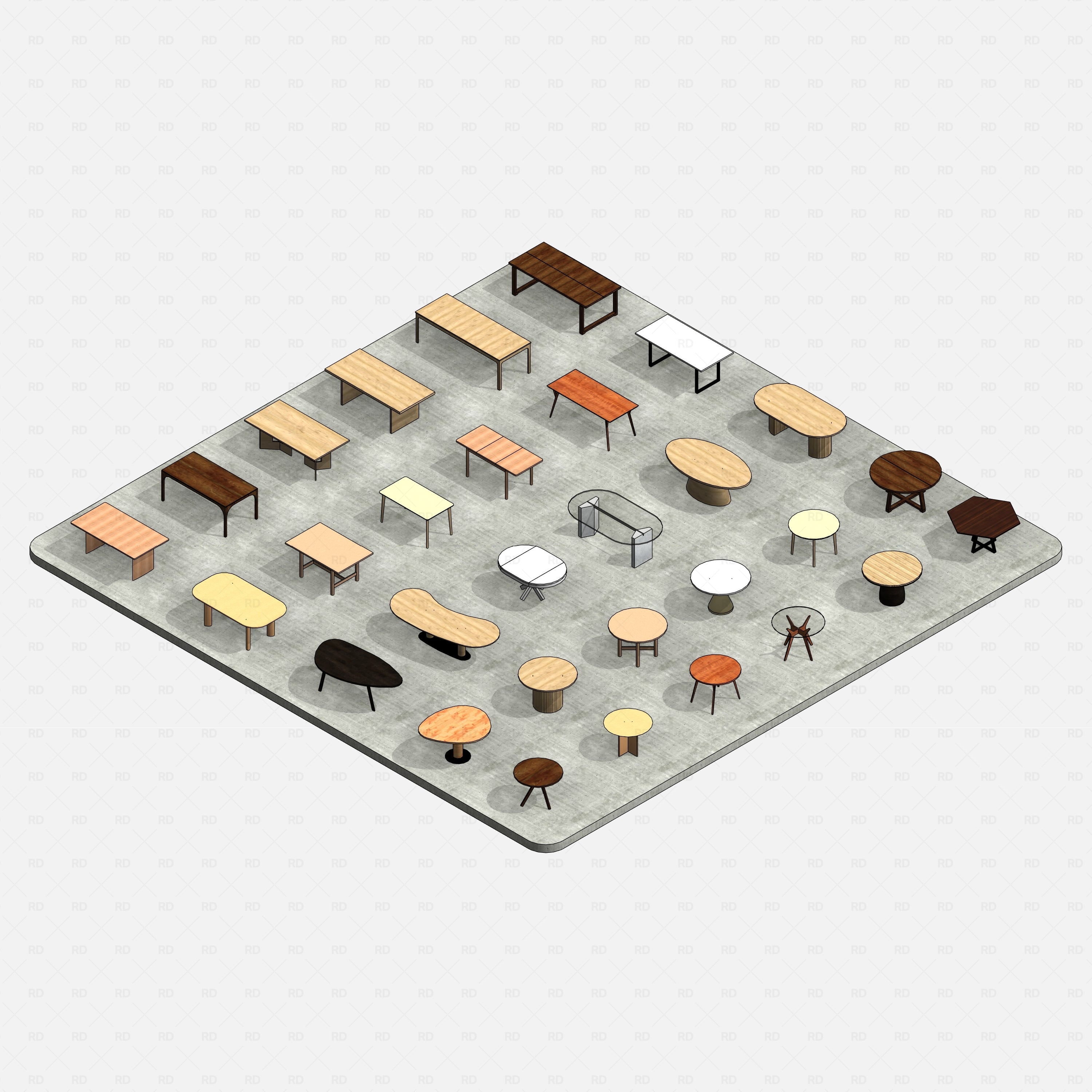 Revit dining tables pack RD Studio BIM blocks rfa - realistic set on concrete floor, wood, metal, glass variations