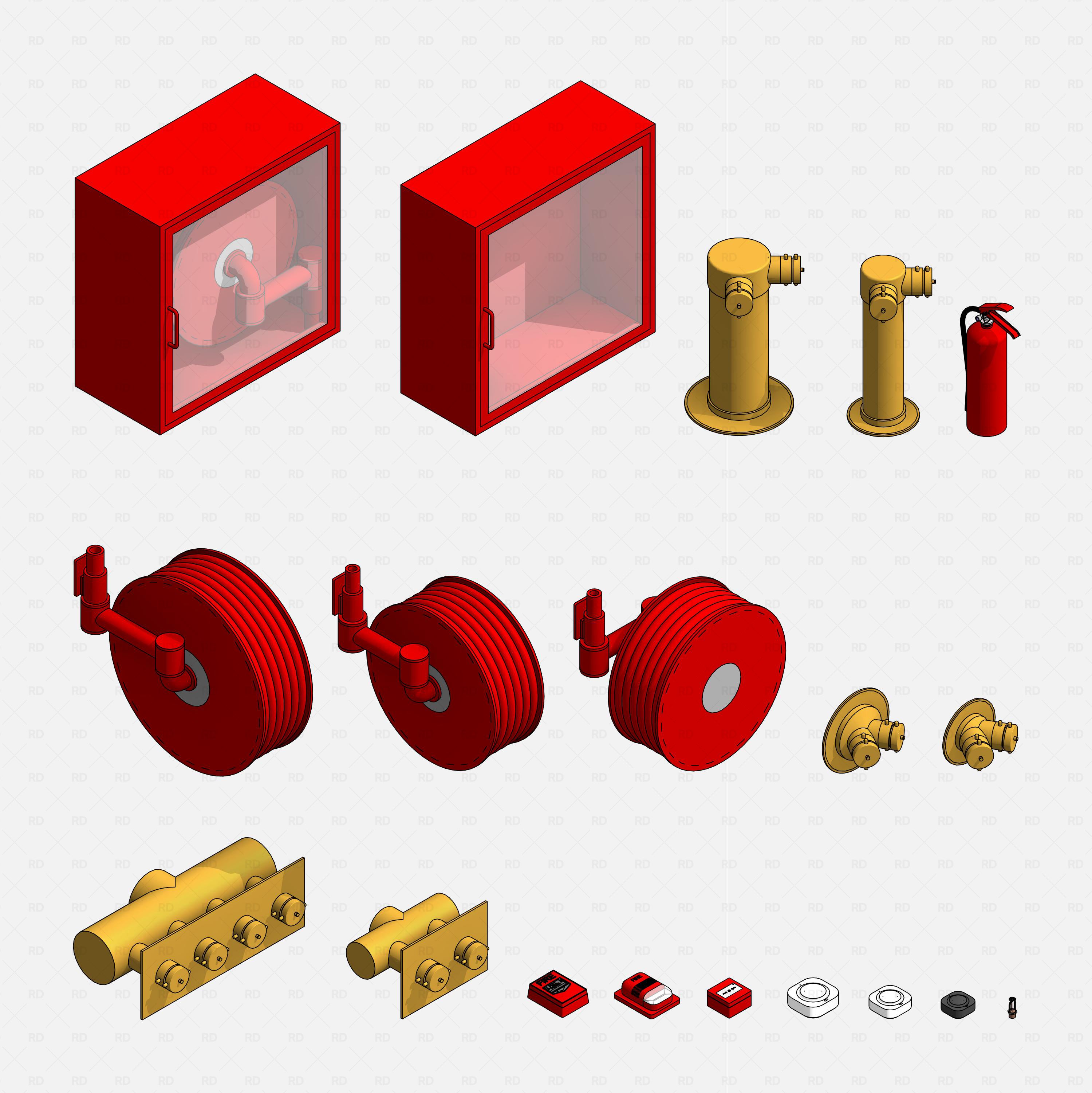 Revit Fire protection pack RD Studio BIM blocks rfa all kinds of fire protection equipment in isometric view