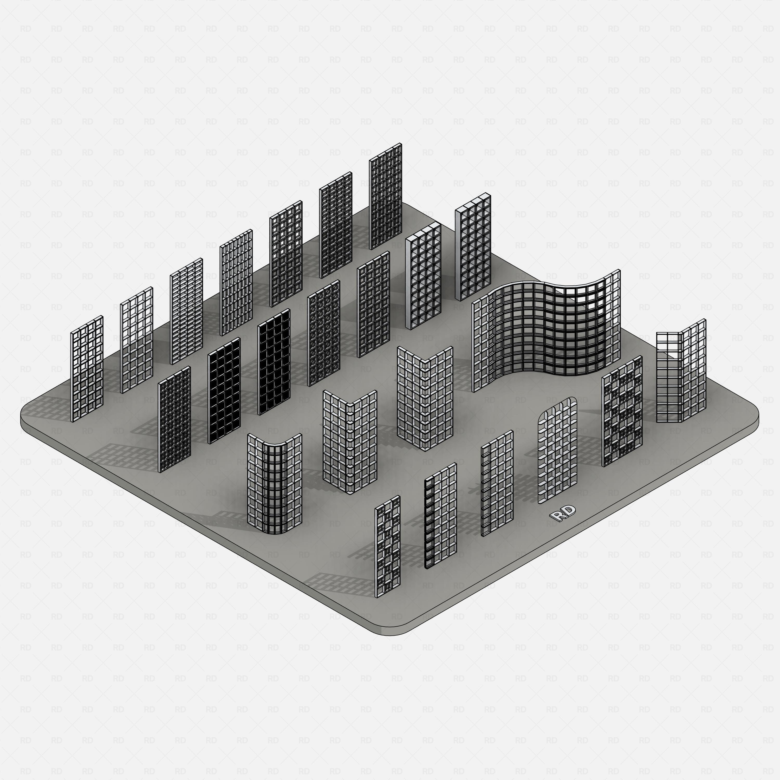 Revit Glass Blocks (Curtain Walls) Pack RD Studio BIM blocks rfa isometric view of curved and straight glass block walls