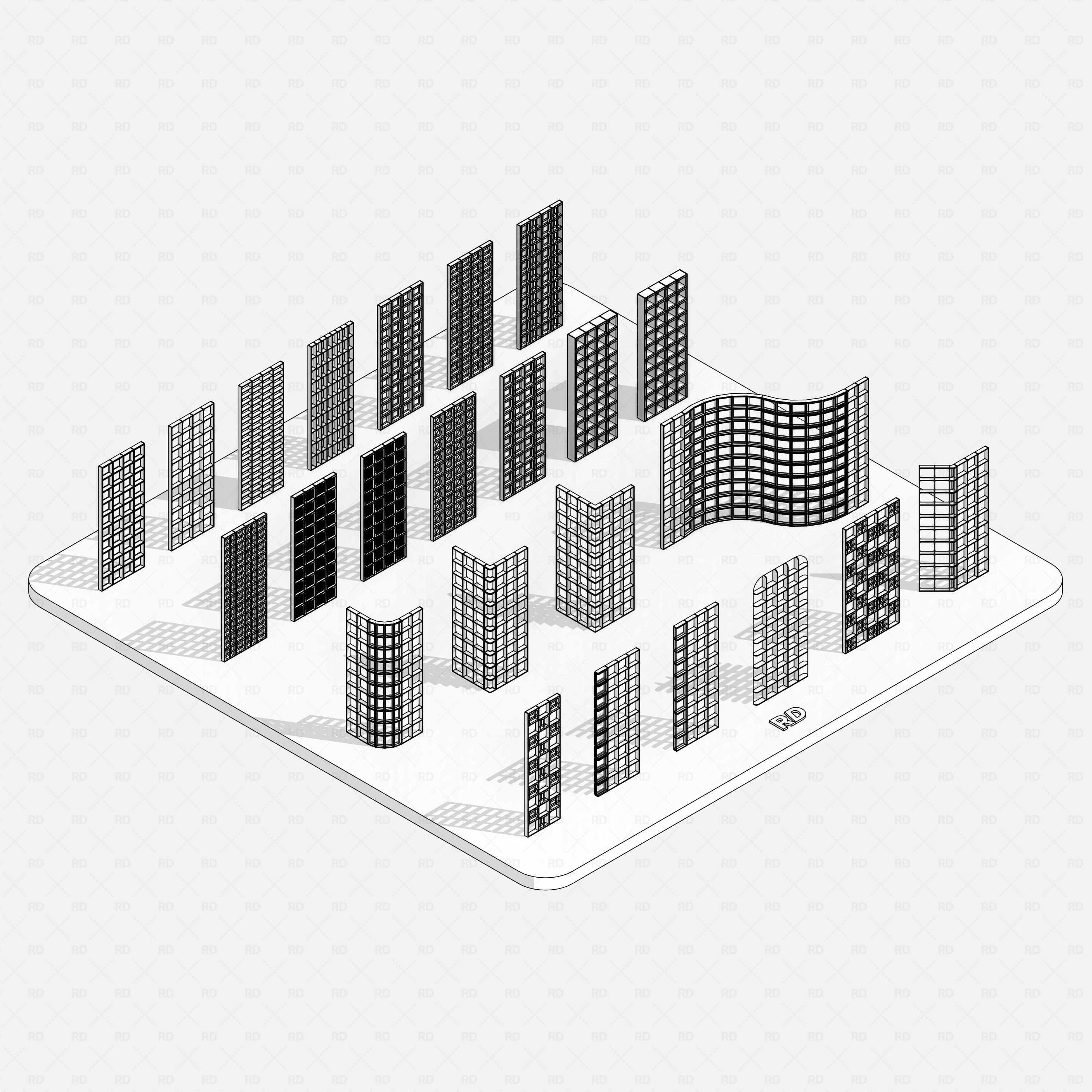 Revit Glass Blocks (Curtain Walls) Pack RD Studio BIM blocks rfa hidden line view of multiple glass block curtain wall panels