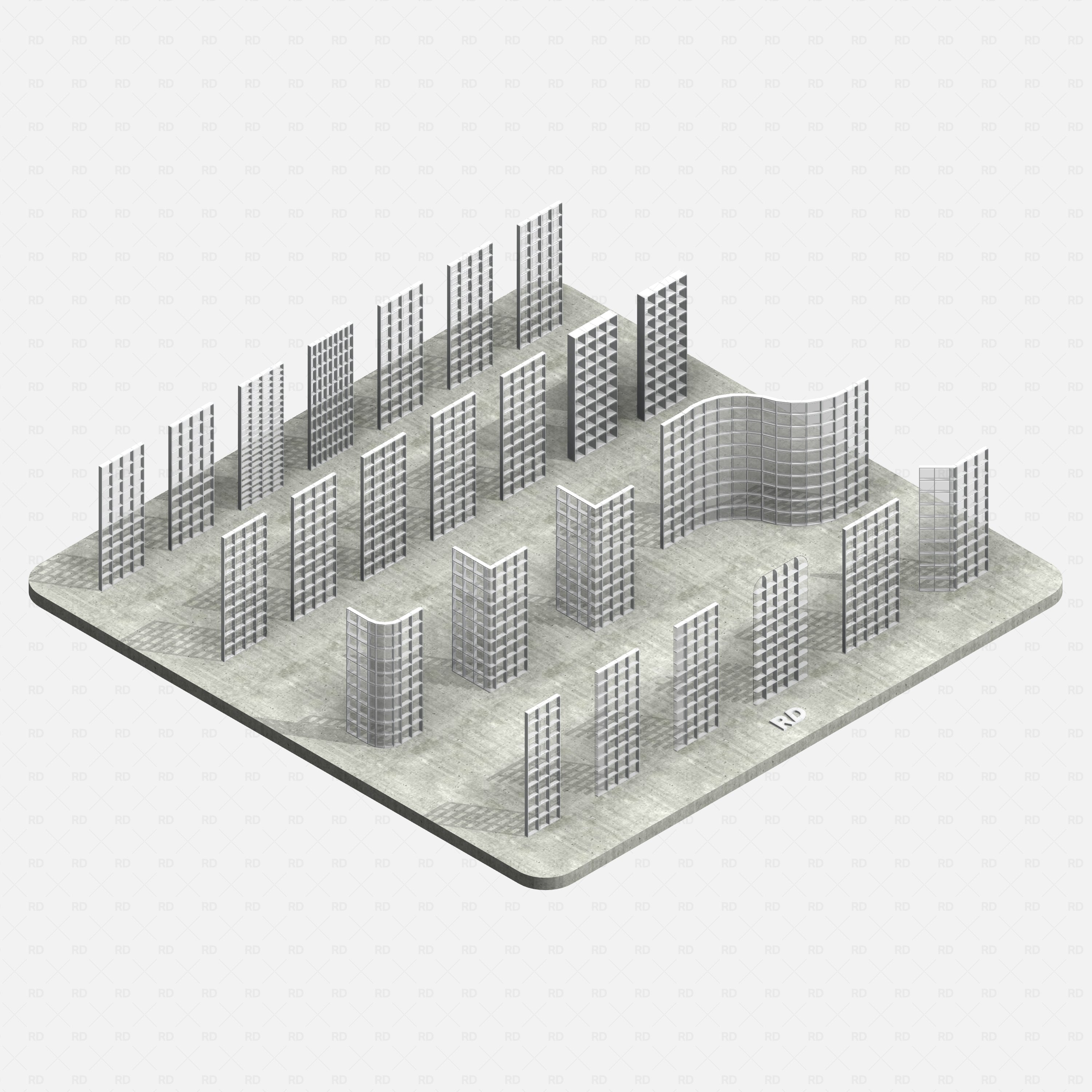 Revit Glass Blocks (Curtain Walls) Pack RD Studio BIM blocks rfa isometric view of curved and straight glass block walls