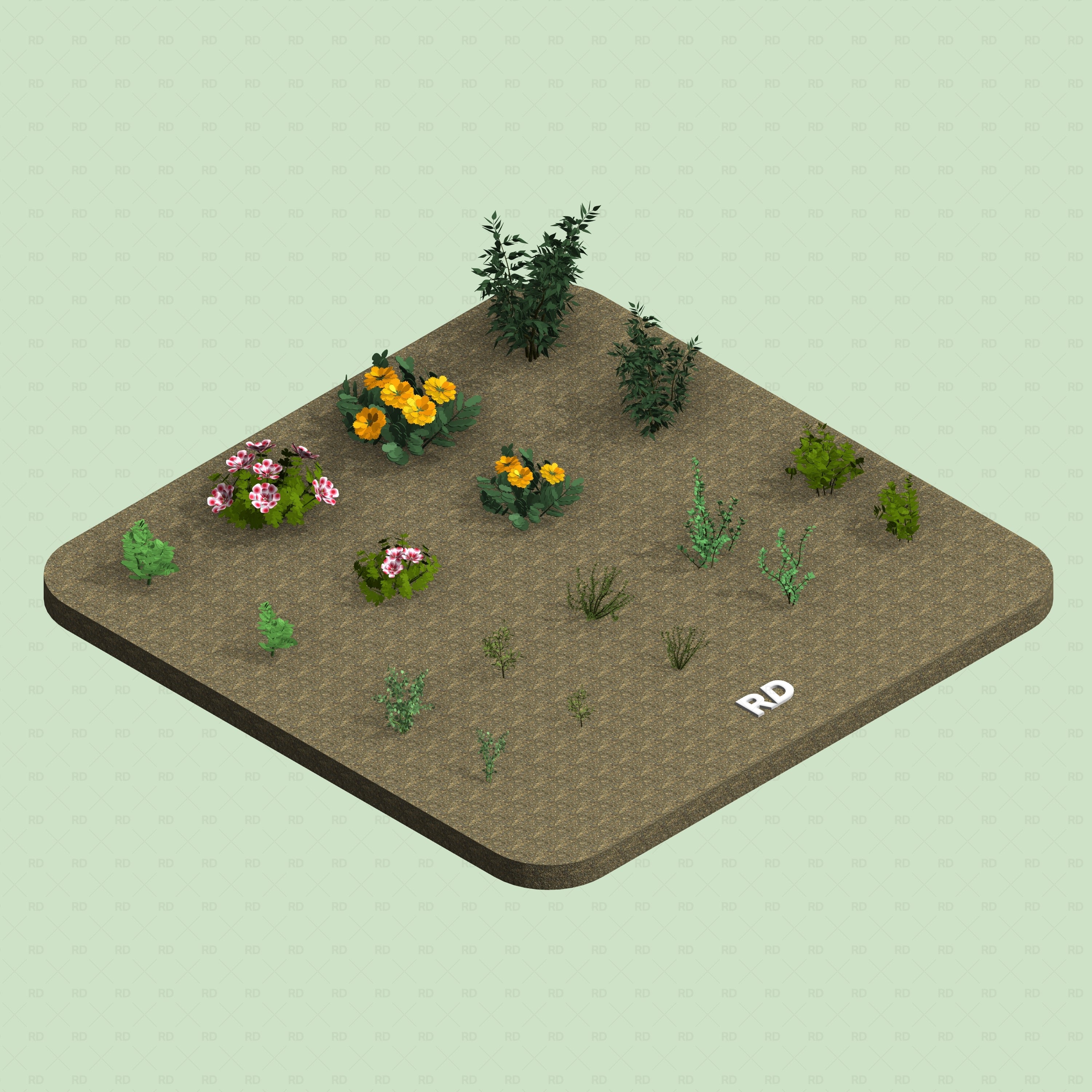 Revit Greenhouse Plants - Herbs and Ground Companions Pack RD Studio BIM blocks rfa shaded overview of herbs and companions