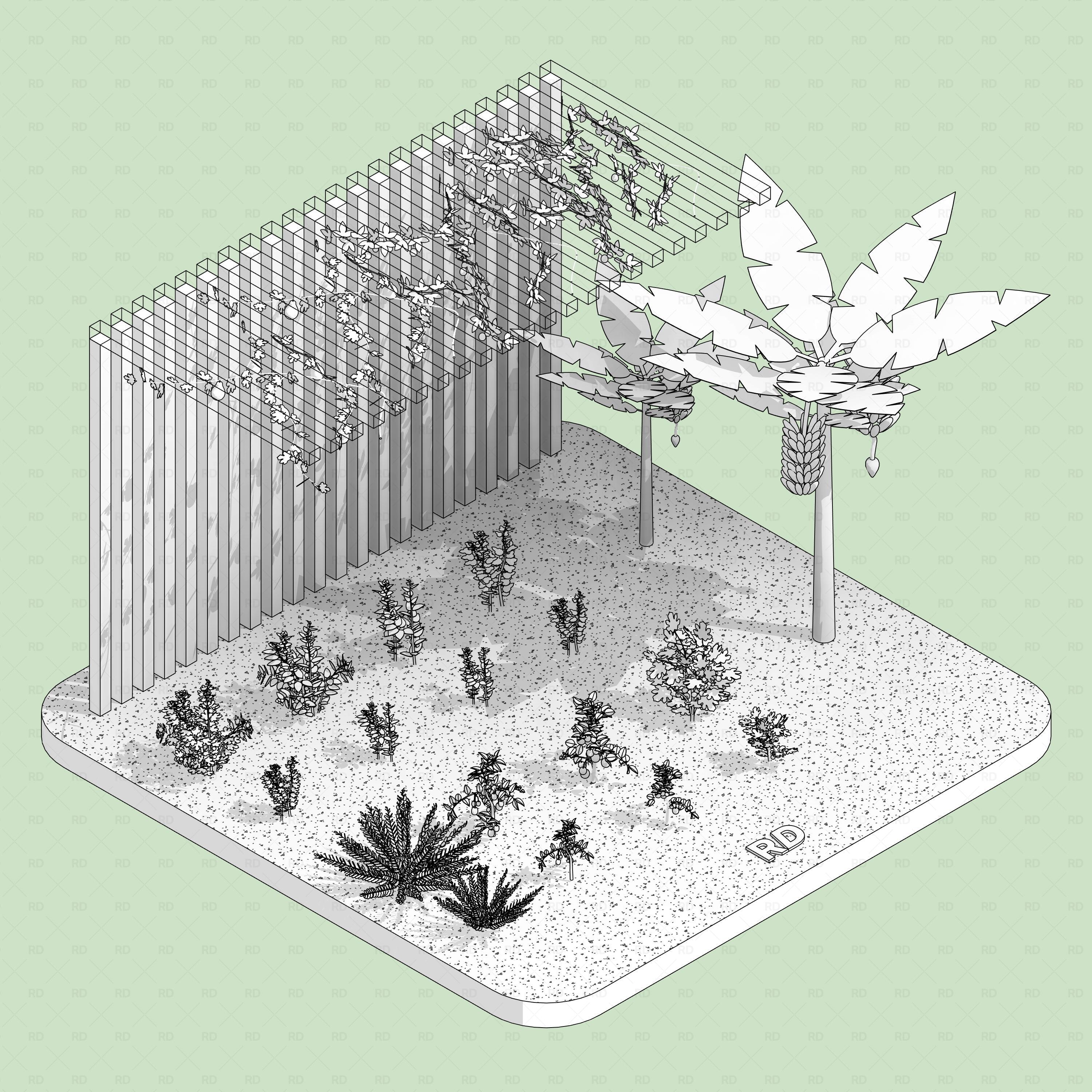 Revit Greenhouse Plants - Vines Shrubs and Trees Pack RD Studio BIM blocks rfa hidden line set of plants and trees