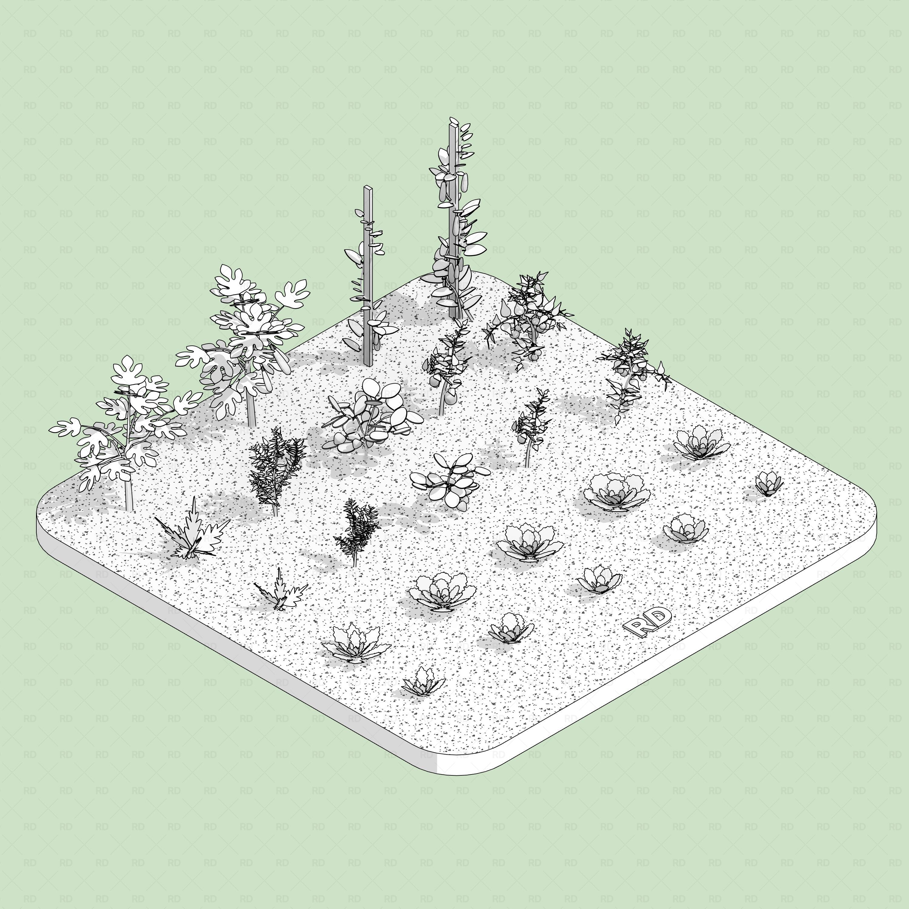 Revit Greenhouse Plants - Edible Crops Pack RD Studio BIM blocks rfa hidden line isometric overview of all edible crop families