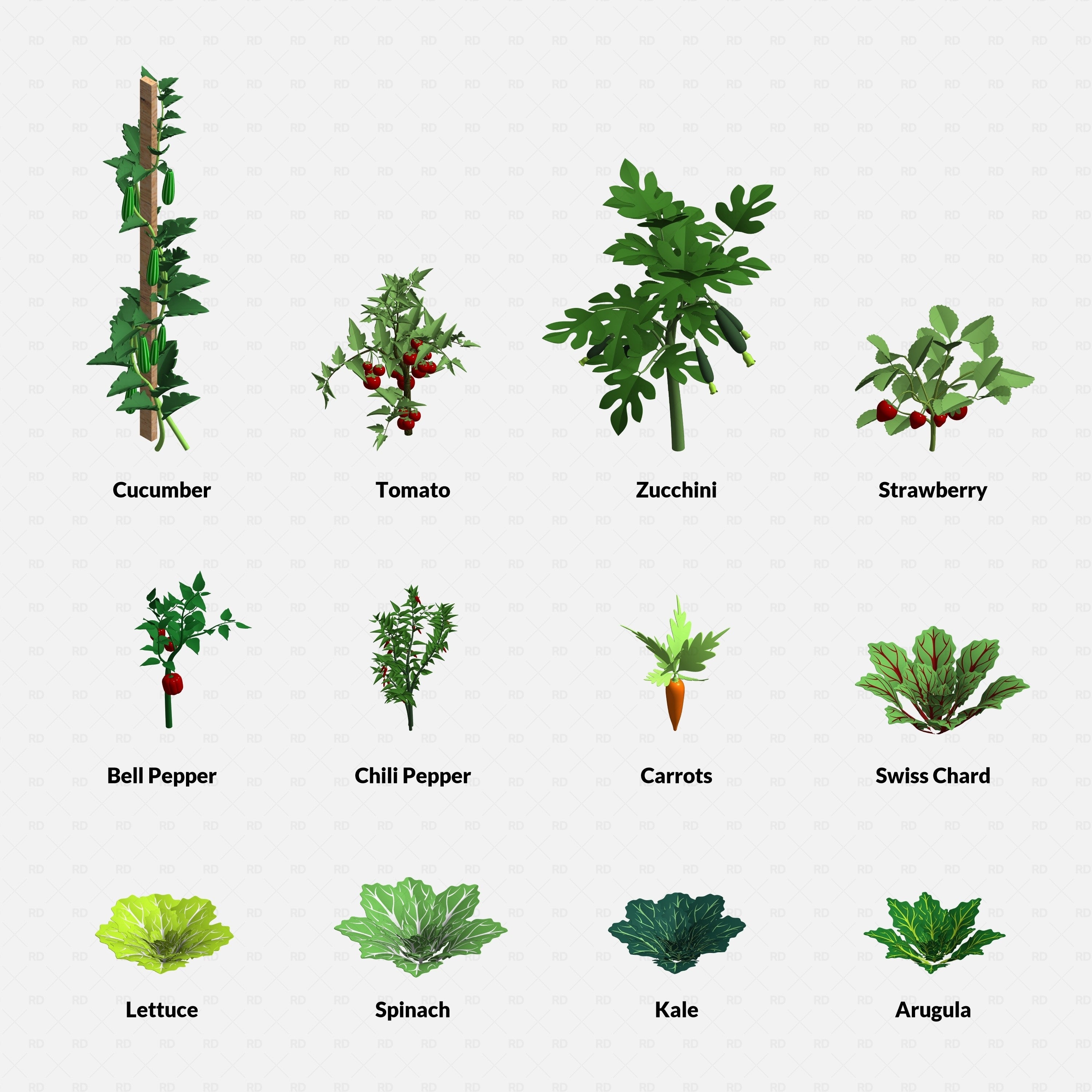 Revit Greenhouse Plants - Edible Crops Pack RD Studio BIM blocks rfa grid of colored edible crop plants with names and types