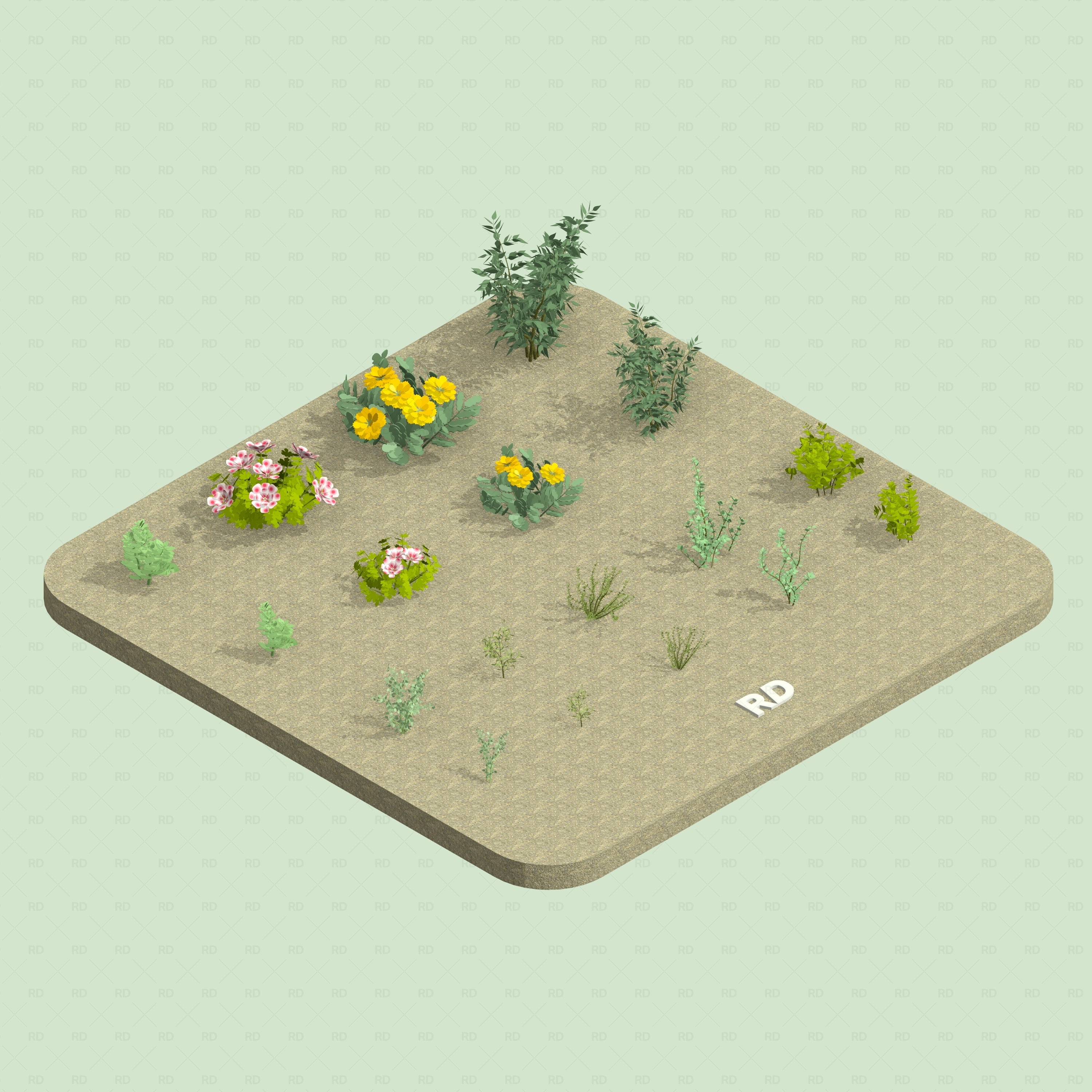 Revit Greenhouse Plants - Herbs and Ground Companions Pack RD Studio BIM blocks rfa photo style render of detailed herbs