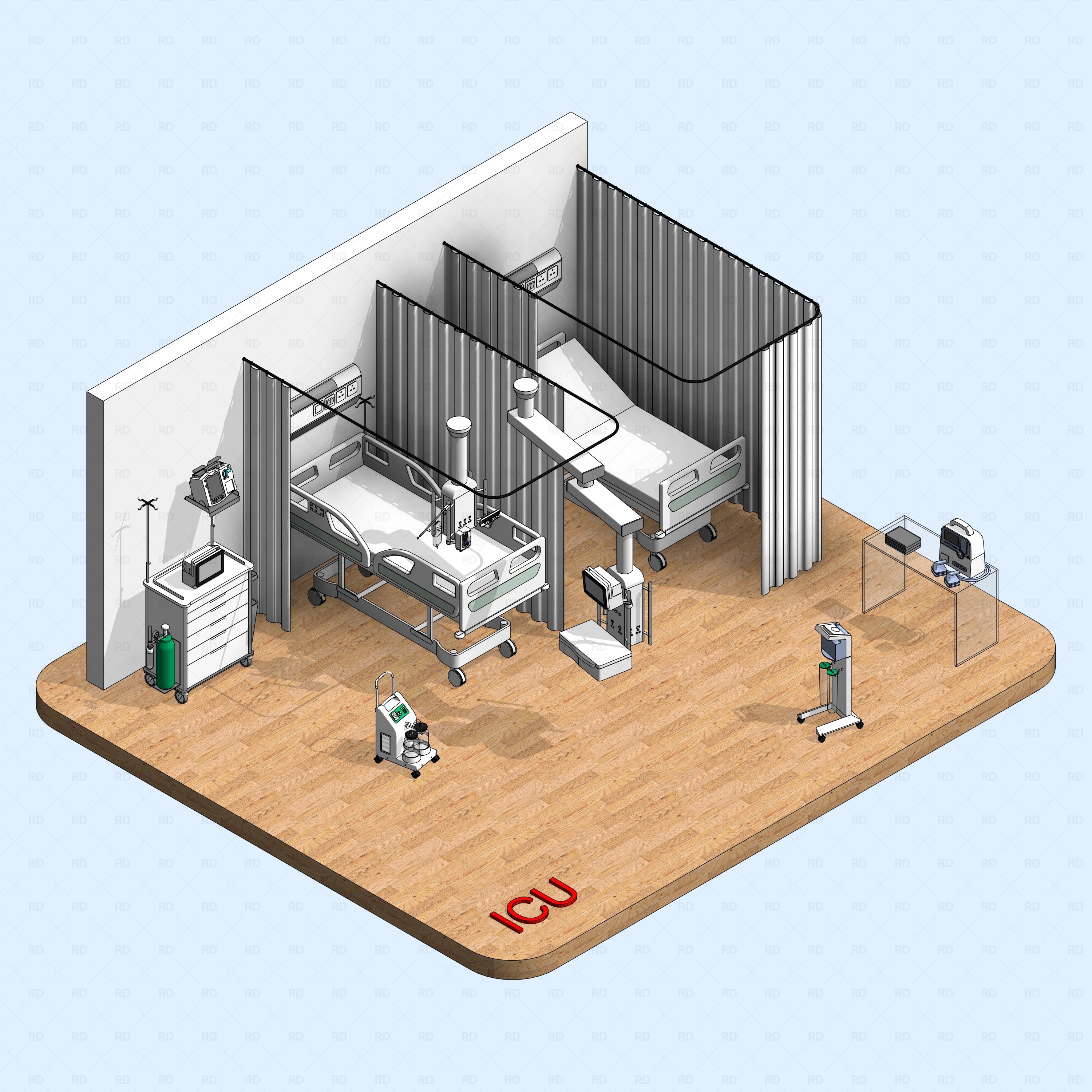Revit Hospital ICU Room RD Studio BIM blocks rfa - rendered ICU scene with wood floor, two beds, and ceiling pendant