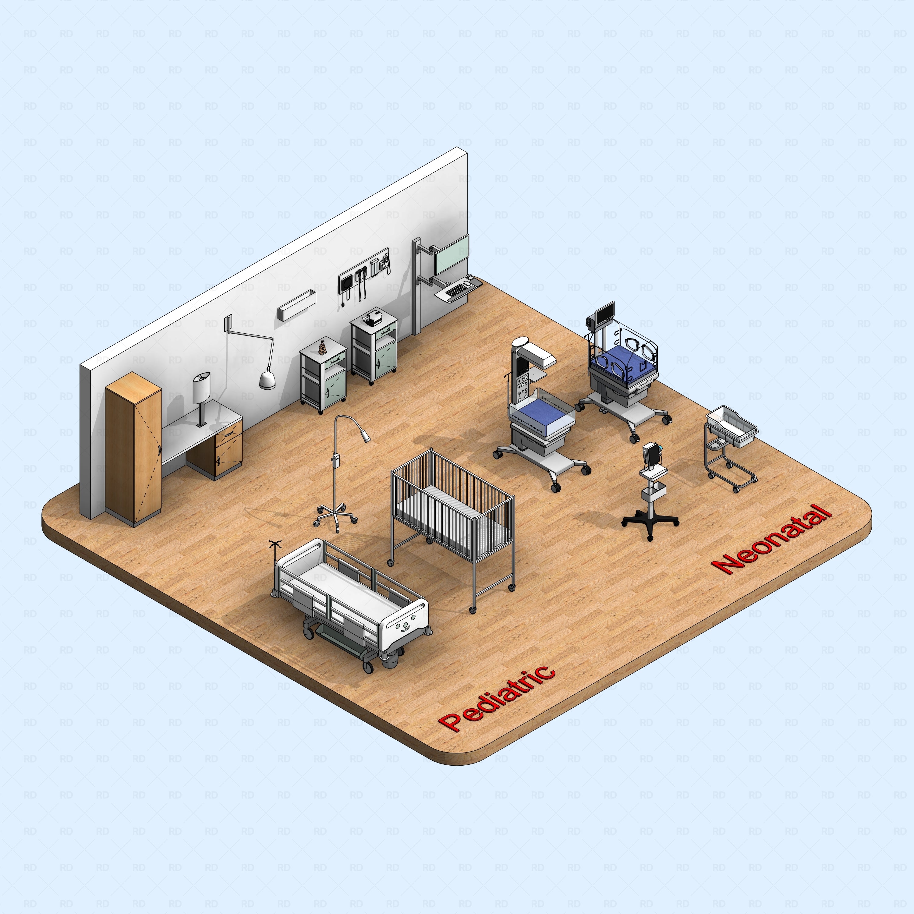 Revit Hospital Neonatal and Pediatric Equipment RD Studio BIM blocks rfa isometric pediatric and neonatal room on wood floor