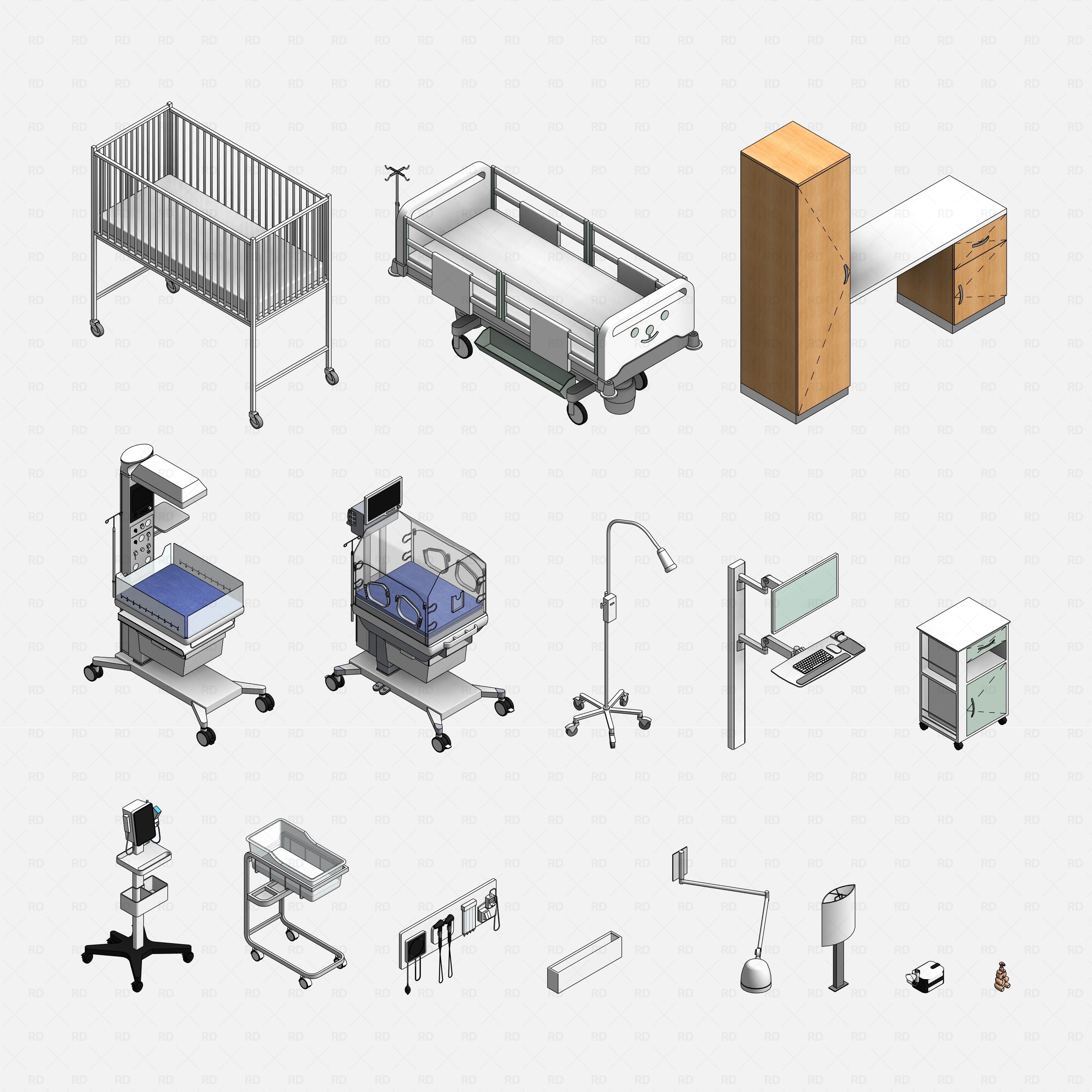 Revit Hospital Neonatal and Pediatric Equipment RD Studio BIM blocks rfa isometric grid of neonatal and pediatric equipment