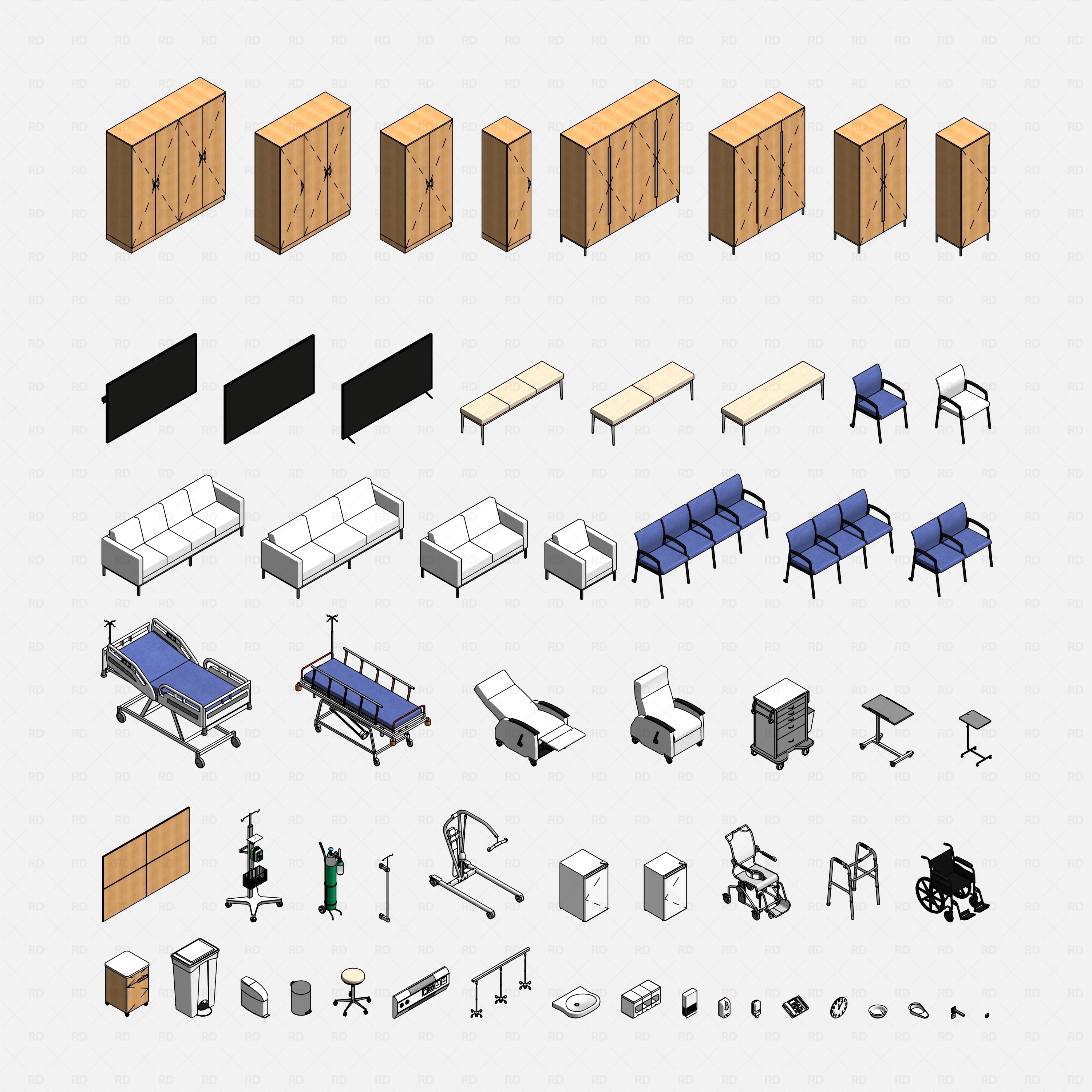 Revit Hospital Furniture and Medical Equipment RD Studio BIM blocks rfa grid layout of individual hospital furniture families