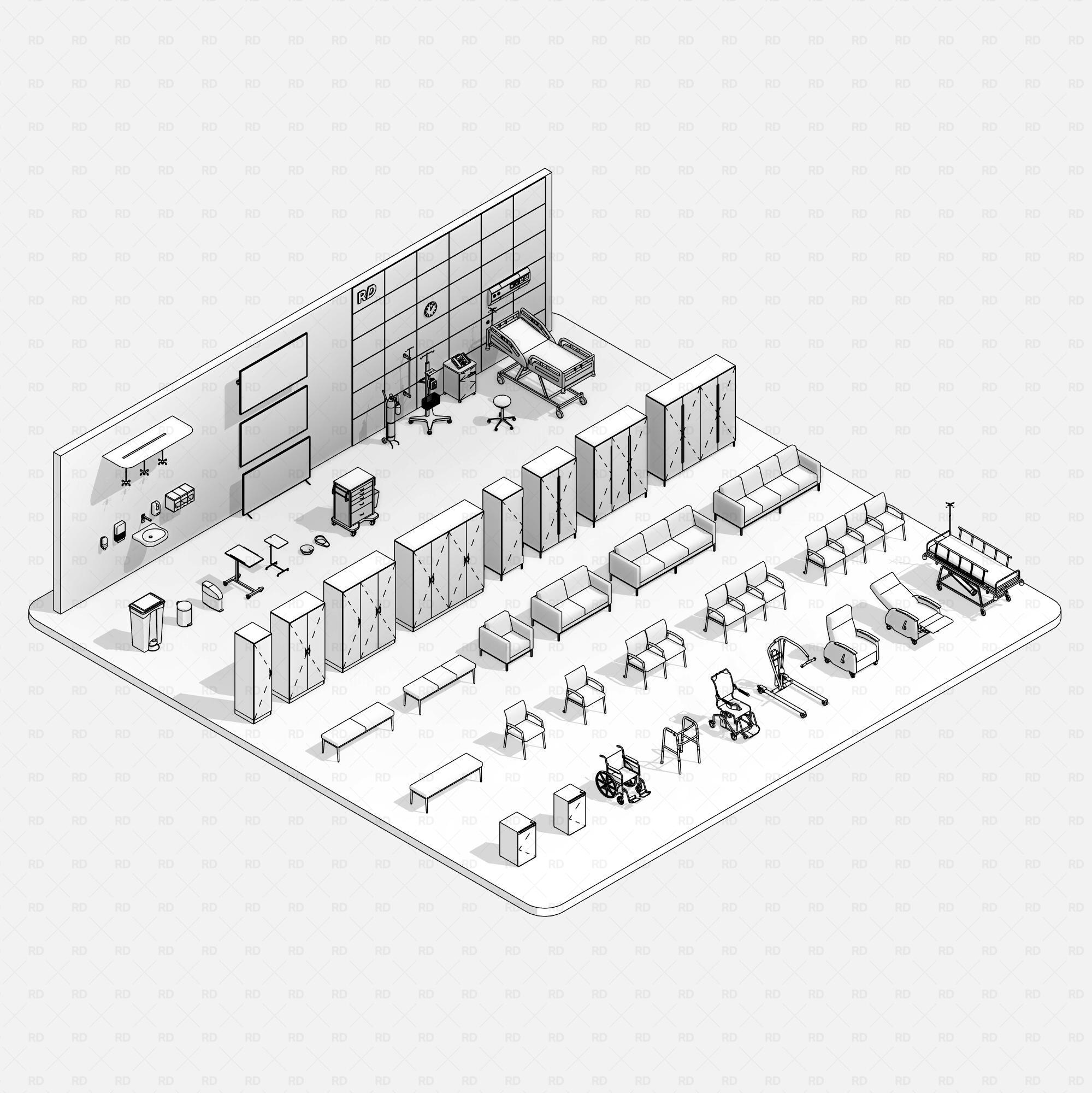 Isometric illustration of a hospital room layout with various medical equipment and furniture revit families 