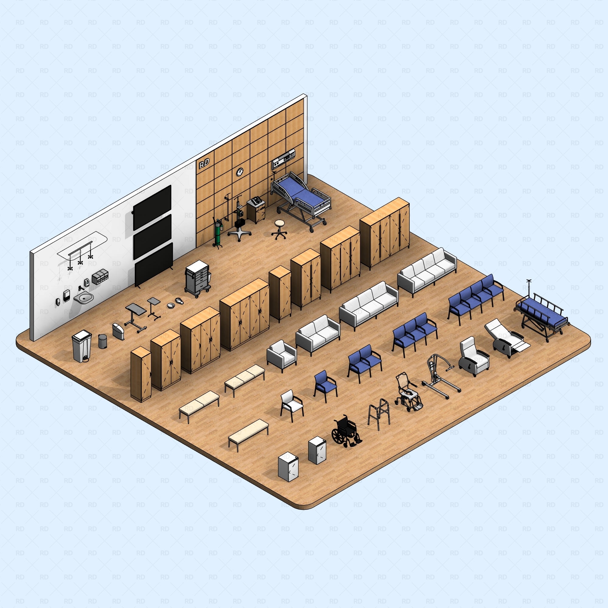 Revit Hospital Furniture and Medical Equipment RD Studio BIM blocks rfa isometric view of equipment 