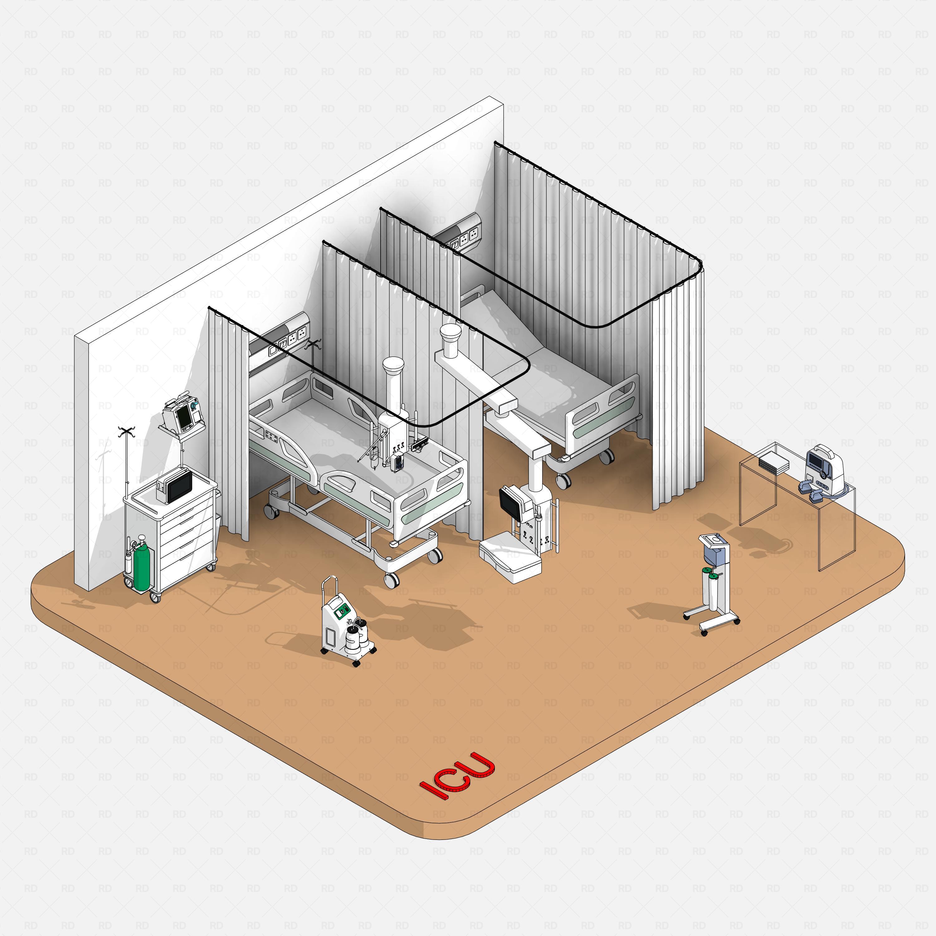 Revit Hospital ICU Room RD Studio BIM blocks rfa - isometric ICU layout with two curtained beds and mobile equipment