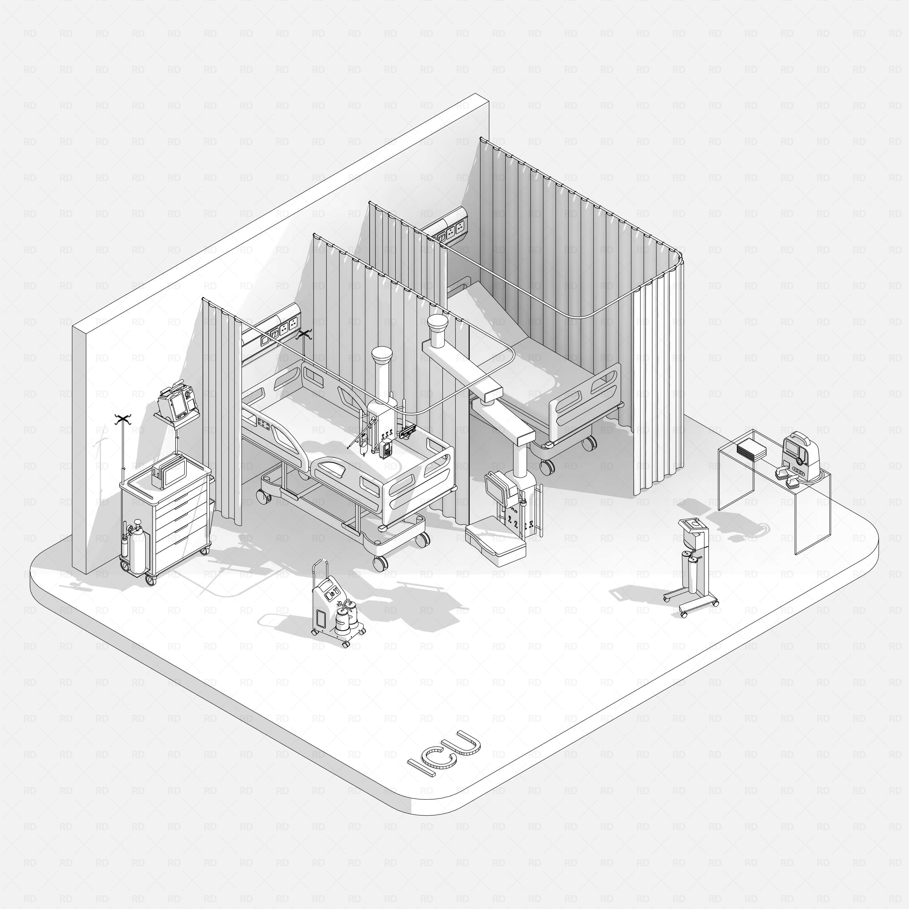 Revit Hospital ICU Room RD Studio BIM blocks rfa - monochrome hidden-line view of two ICU bays with curtains and devices