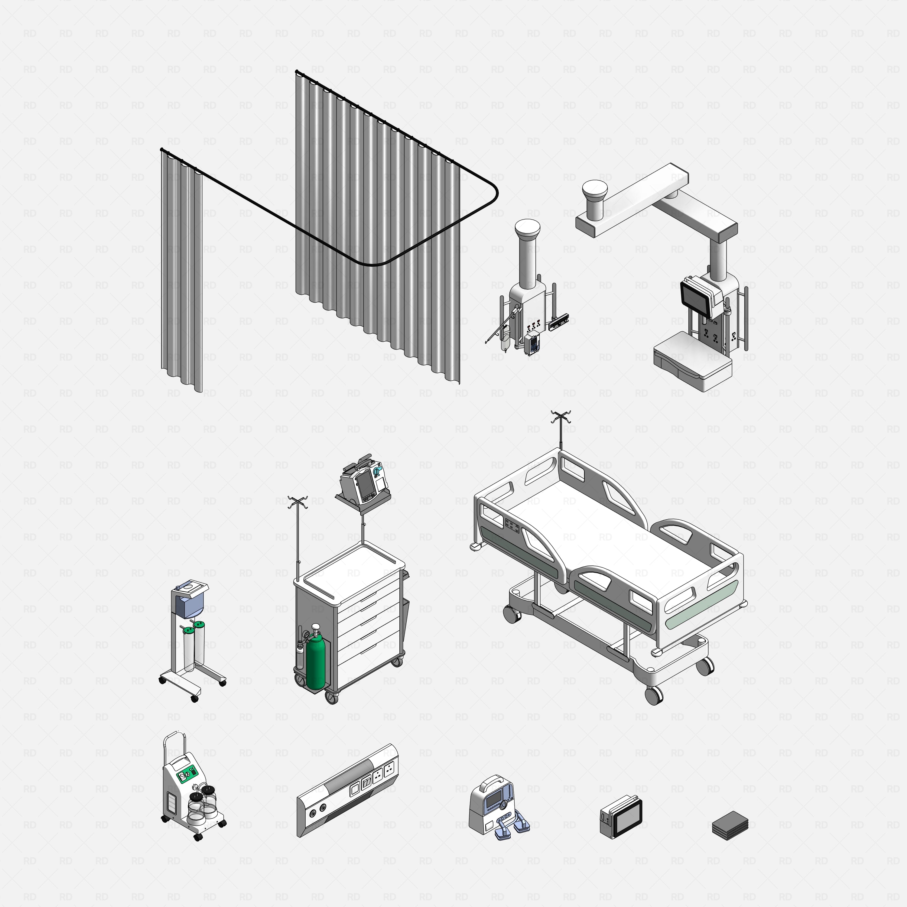 Revit Hospital ICU Room RD Studio BIM blocks rfa - component grid showing curtains, pendant, ICU bed, monitors, trolley