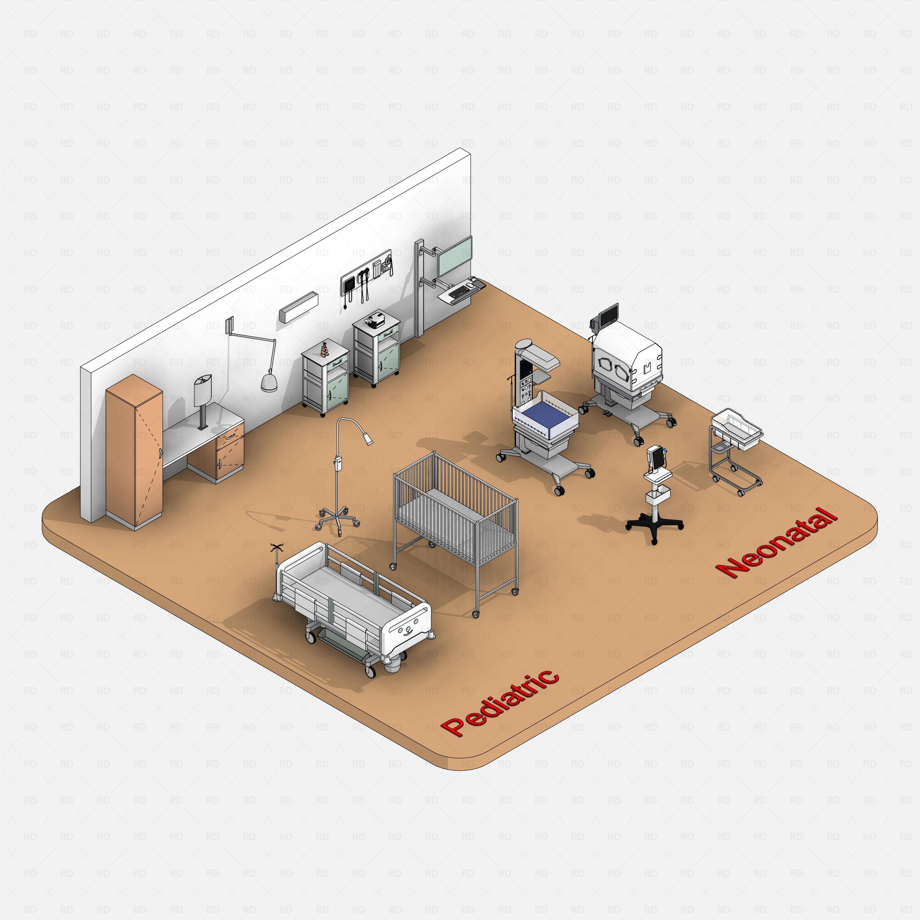 Revit Hospital Neonatal and Pediatric Equipment RD Studio BIM blocks rfa isometric pediatric and neonatal room layout