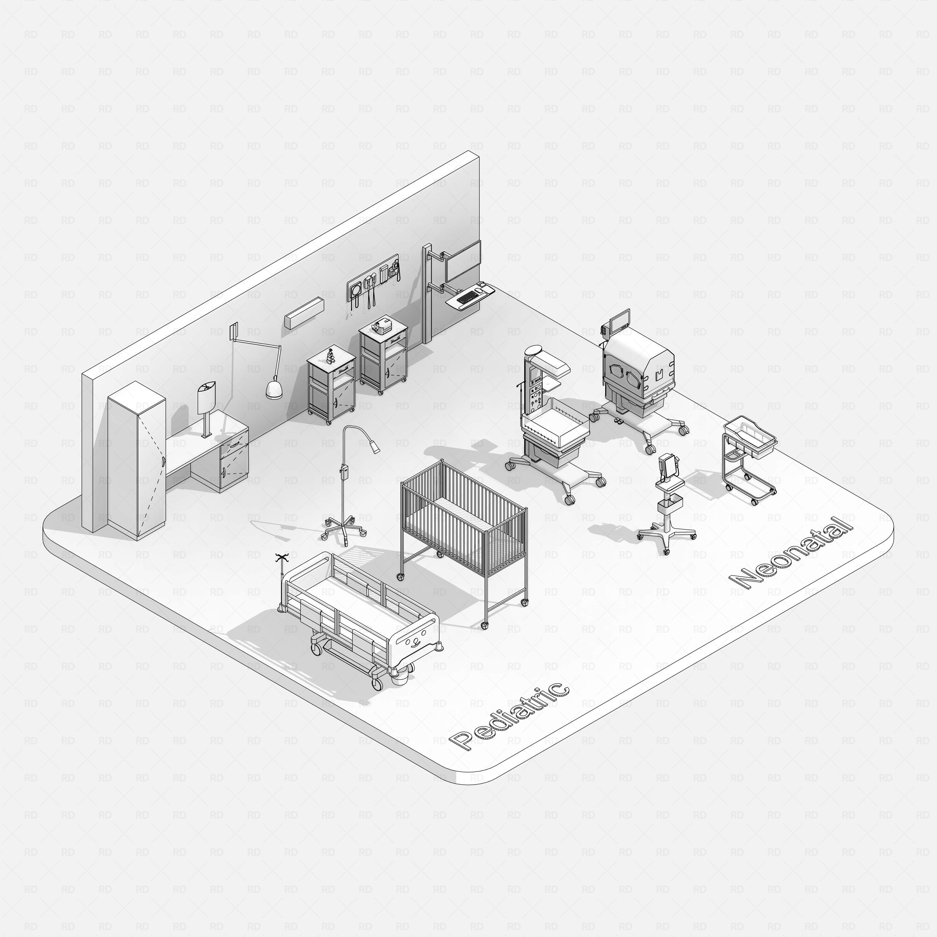 Revit Hospital Neonatal and Pediatric Equipment RD Studio BIM blocks rfa monochrome isometric pediatric and neonatal ward