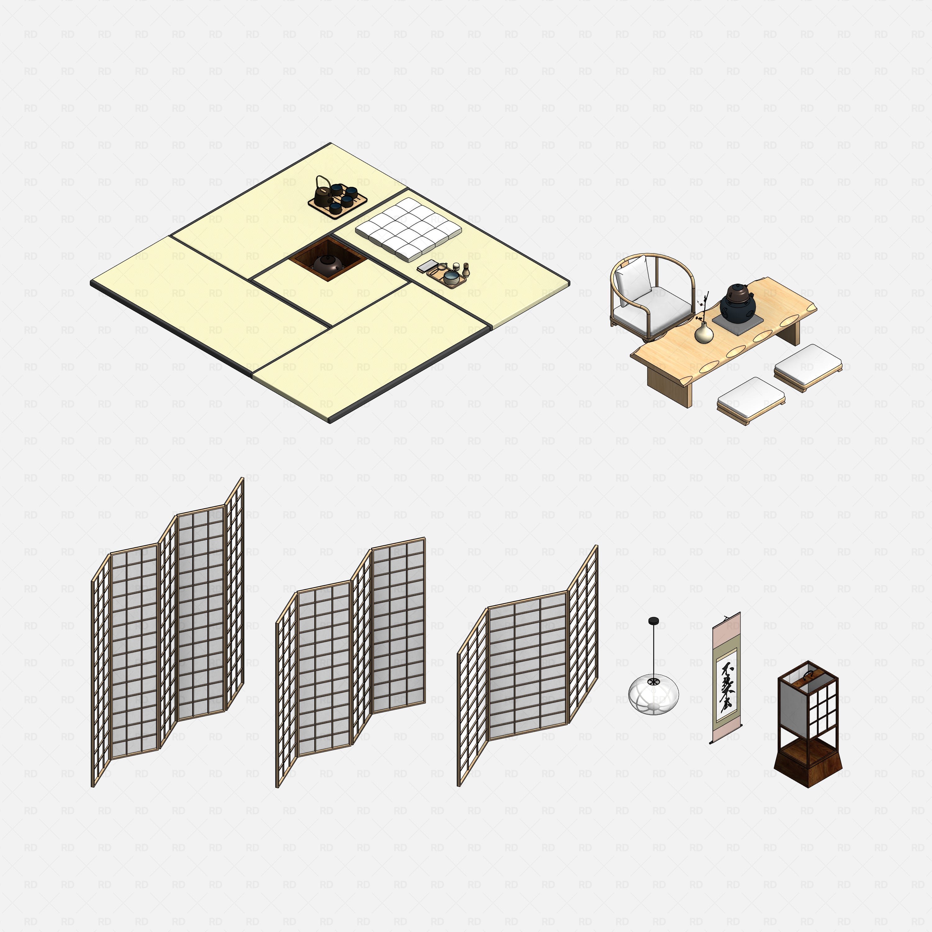 Revit japanese tatami tea room RD Studio BIM blocks rfa all realistic tatami tea room families in isometric view