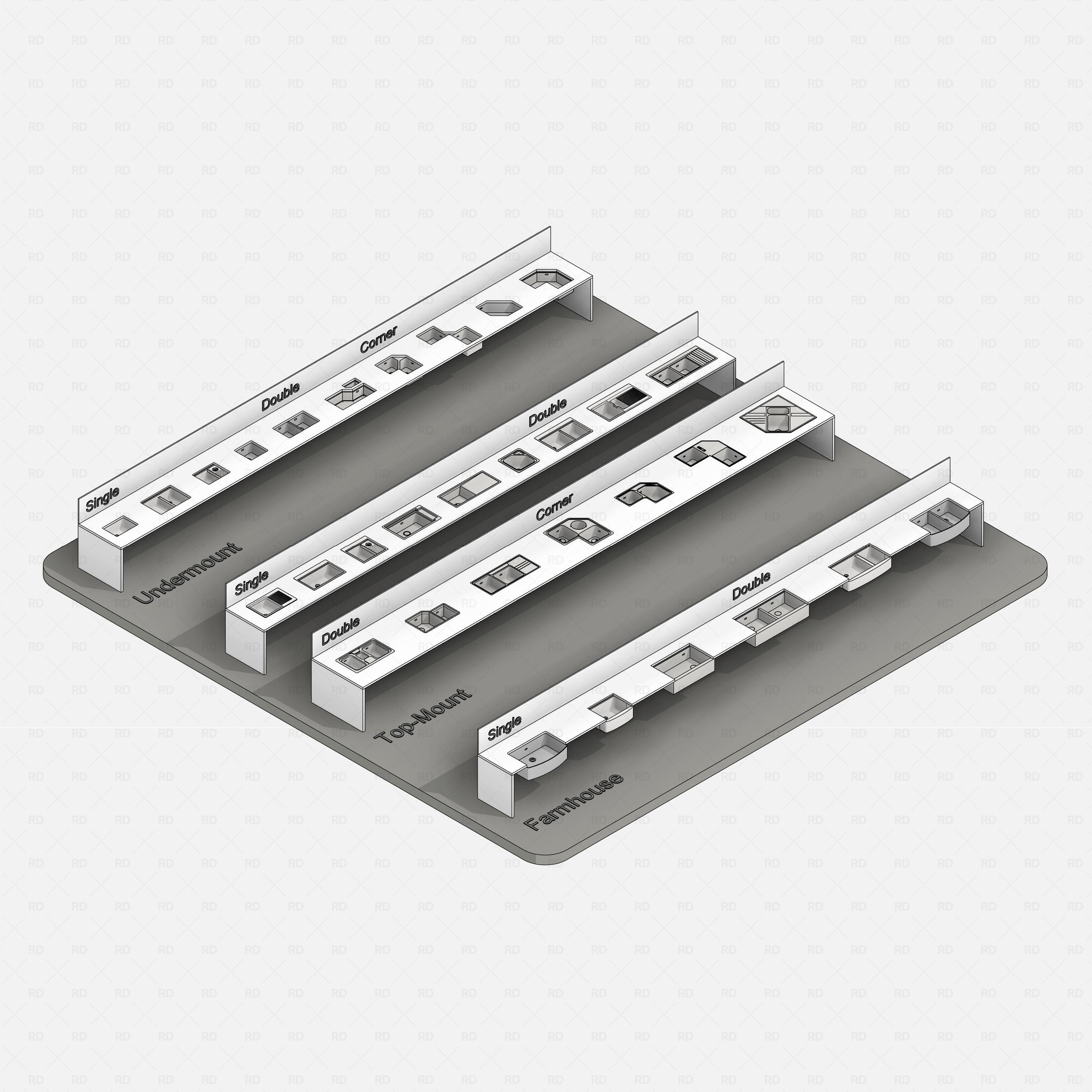 revit kitchen sink RD Studio BIM blocks rfa - collection overview showing undermount, top mount, and farmhouse variants